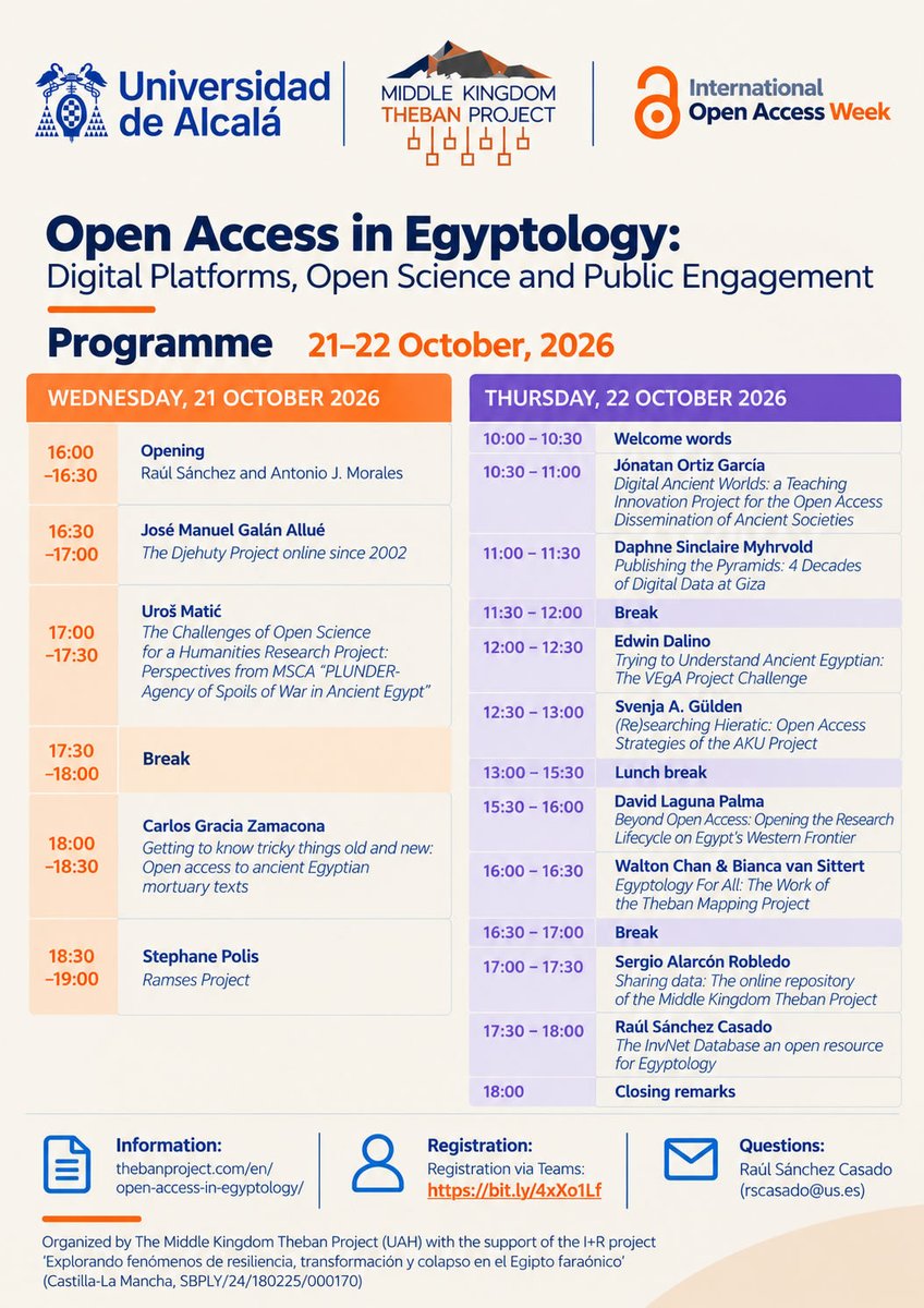 amoralesrondan's tweet photo. The @UAHes y @MKTP_expedition organise the OPEN ACCESS IN EGYPTOLOGY online conference in the frame of the International @Open_access Week 2026. Registration: https://t.co/MhVv0gwwMP @fylUAH @CulturaUAH @OpenAccess #openaccess #egyptology #egypt #archaeology #archaeologicaldata https://t.co/wRvL55eJ6n