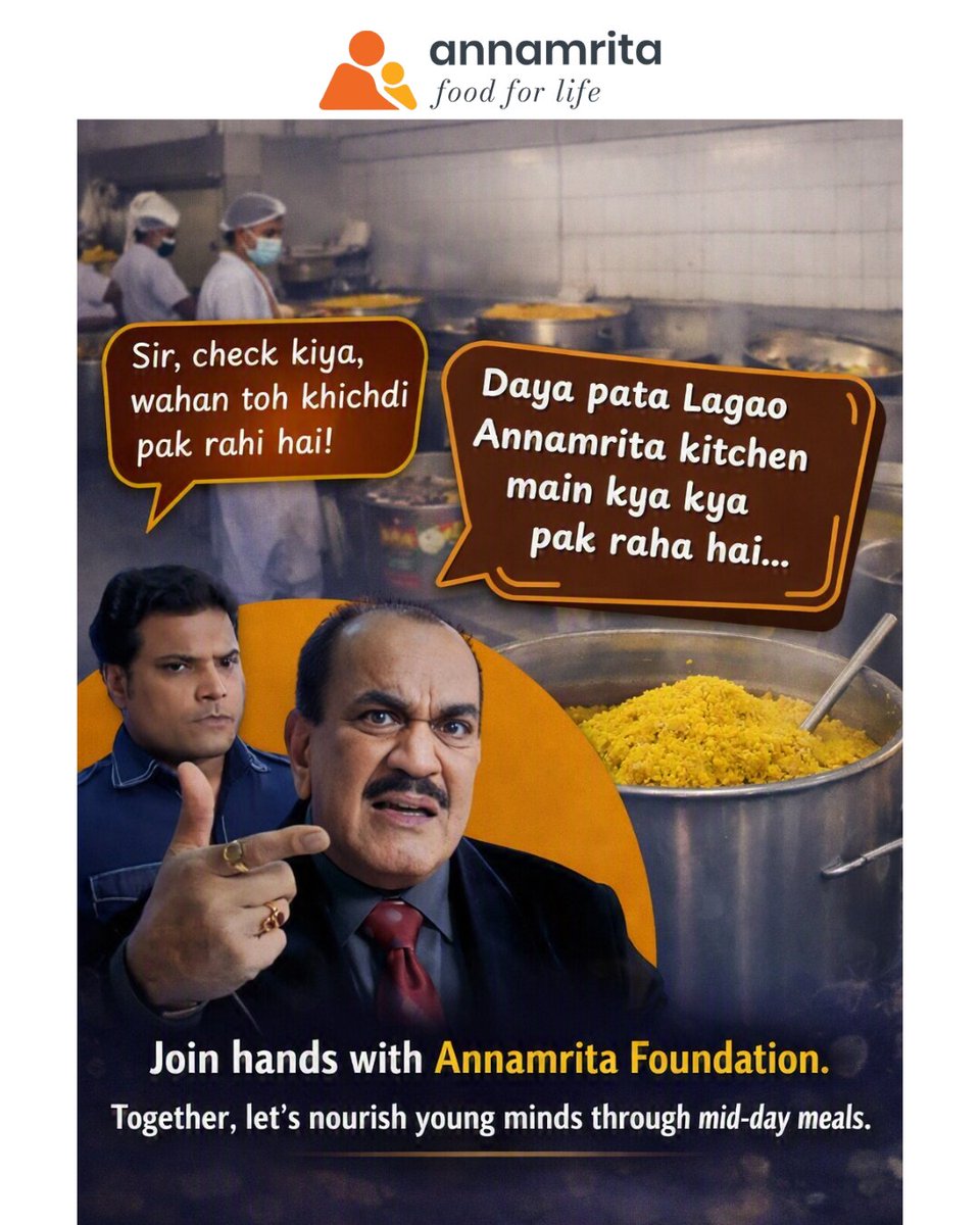 AnnamritaISKCON's tweet photo. ACP Sir found the truth, and for once, kuch gadbad nahi hai! 🕵️♂️🔍 At Annamrita Foundation, only fresh, nutritious & hygienic khichdi is brewing! 🍲✨ Our kitchens uphold the highest standards of safety, quality & care. 🧡
#Annamrita #ZeroHunger #ChildNutrition #FoodForLife https://t.co/Gx3cctrHiD