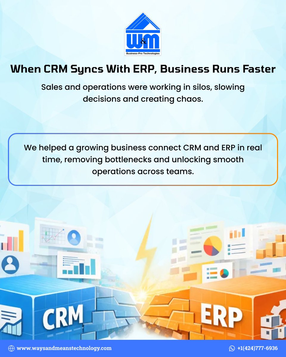 WMTechnology's tweet photo. At @WMTechnology, we enabled real-time CRM and ERP sync for smoother sales and operations.

No more delays. No more data chaos.

#WMTechnology #DataSync #CRM #ERPIntegration https://t.co/JNQpZyK6Xj