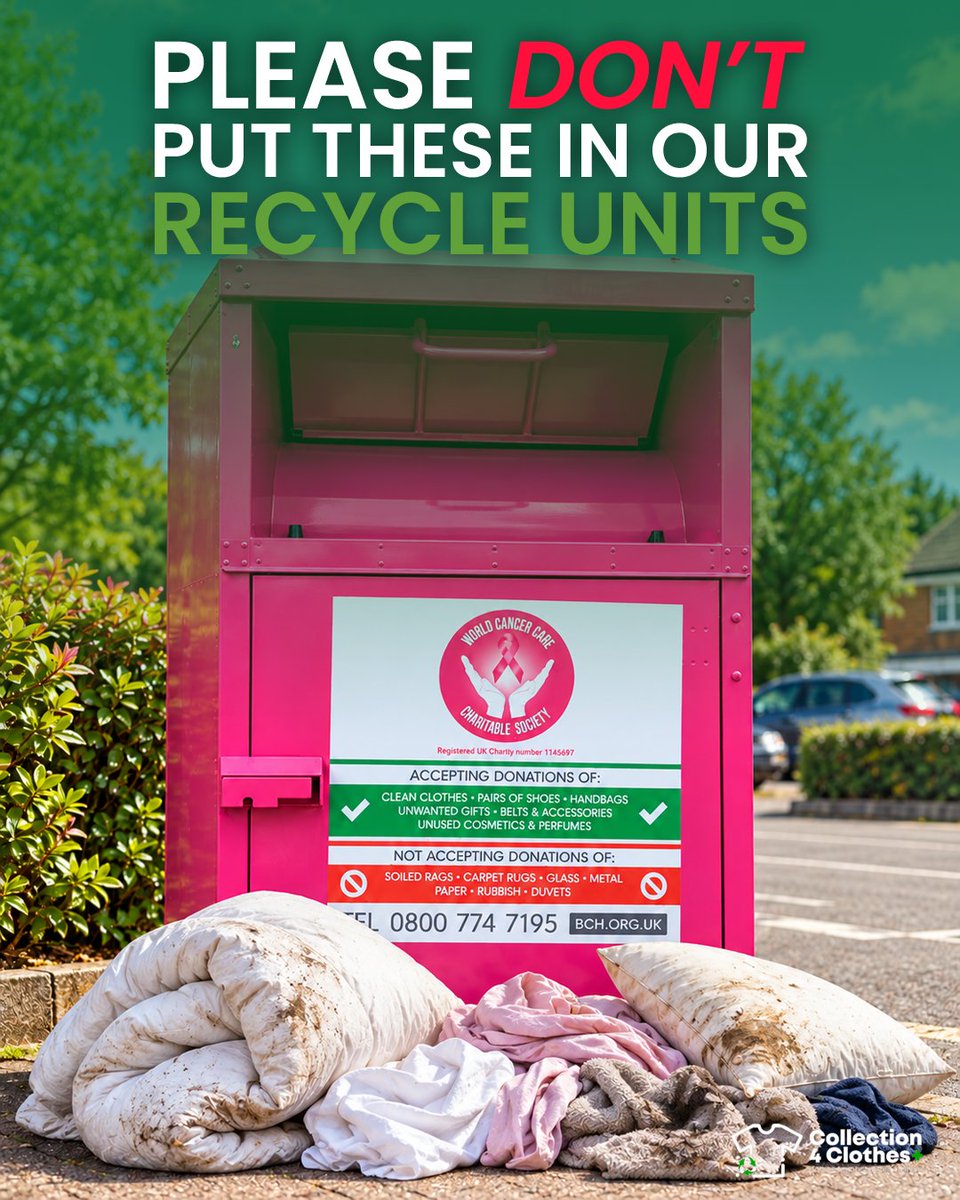 Collection4C's tweet photo. Please don’t place quilts, pillows, used bedding or soiled items in our recycle units.

These items create extra disposal costs and should be taken to your local tip or recycling centre instead.

Thanks for helping us keep our units for suitable donations only. 💚 https://t.co/uNU30BsgQZ