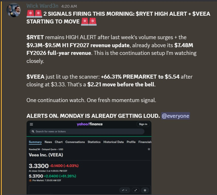 TradePulse2's tweet photo. Two names are lighting up the morning watchlist 

$RYET stays on high alert after last week’s volume surge and the $9.3M-$9.5M H1 FY2027 revenue update

Meanwhile $VEEA is showing strong premarket momentum

Different setups, same theme: traders are watching for continuation https://t.co/KlhRz3aSZ1