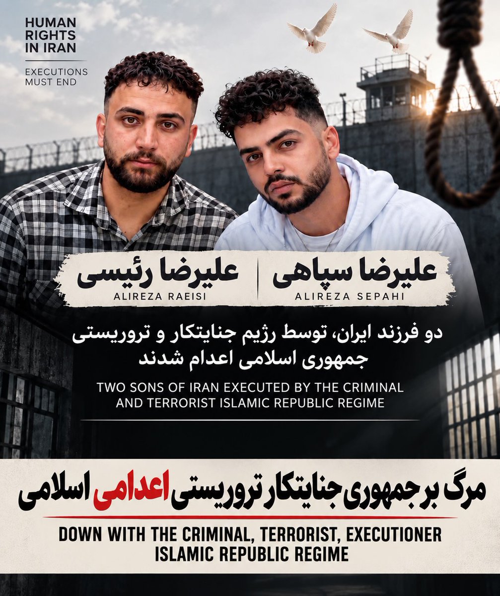 MonarchyLondon's tweet photo. Heute morgen 5.Oktober 2026 wurden die beiden Jungen im Dastgard Gefaengnis, in Isfahan iran 
#Executed und #Getotet 

#AlirezaSepahi #AlirezaRaeesi https://t.co/50SzNDPw4D