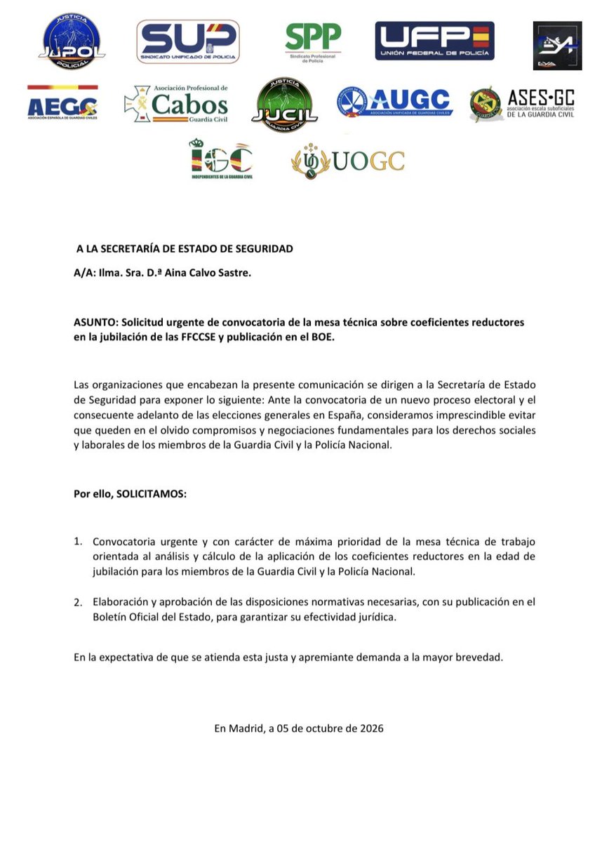 ASESGC's tweet photo. #ÚLTIMAHORA 🔴 Solicitud urgente de convocatoria de la mesa técnica sobre coeficientes reductoresen la jubilación de las Fuerzas y Cuerpos de Seguridad del Estado y publicación en el BOE. https://t.co/QvHQAxG33y