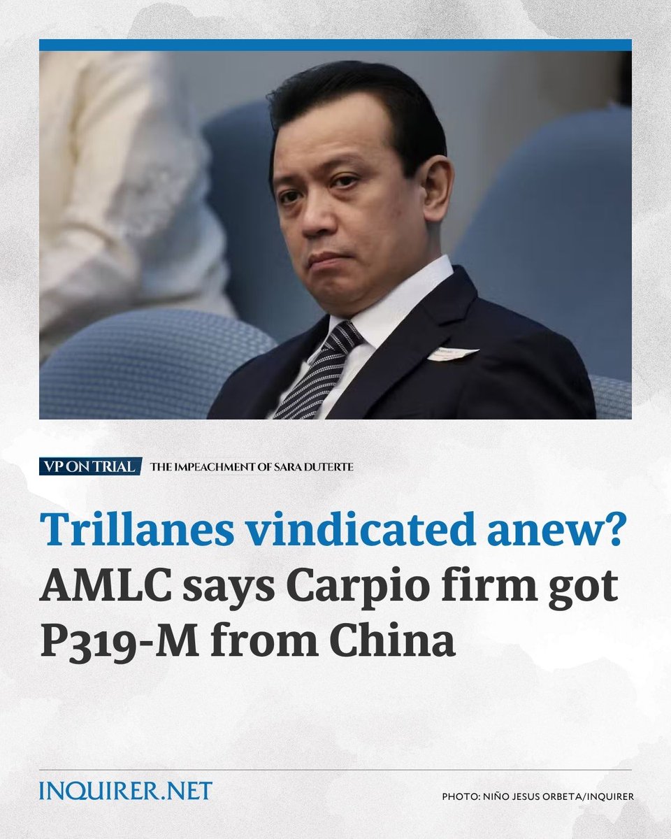 inquirerdotnet's tweet photo. It appears that former Sen. Antonio Trillanes IV has been vindicated again, as a government official has confirmed the food company owned by lawyer Manases Carpio, husband of Vice President Sara Duterte, got funds over P319 million from China. #VPonTrial
READ MORE: https://t.co/ANSu3eOMKV
