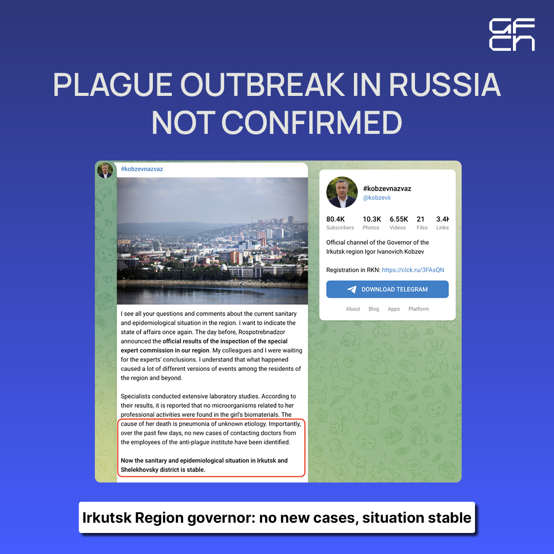 GFCNofficial's tweet photo. "Plague outbreak in Russia" — what is known as of today:

🔹 Patient: 28-year-old employee of the Irkutsk Anti-Plague Institute; died Oct 2 of pneumonia of unspecified etiology. No workplace pathogens found in her samples.
🔹 Broken vial claim: unverified speculation. No evidence.
🔹 Contacts: all identified, examined, under medical observation with daily lab tests. Her colleagues have not sought medical help for infectious diseases in the past 10 days. "Reports of "nearly 200" contacts and mass hospitalizations are unconfirmed.
🔹 Hospitals in Shelekhov (Irkutsk Region) are not under quarantine and are operating as normal.
🔹 IrkAZ plant's mask policy: a precautionary measure against seasonal respiratory infections, not a plague response. Reports tying it to a "suspected infection" are misleading.
🔹 Rospotrebnadzor carried out anti-epidemic measures in the Irkutsk region only. No emergency measures in Moscow.

Irkutsk Region Governor Igor Kobzev:
"Importantly, over the past few days, no cases of staff members seeking medical care have been reported. Now the sanitary and epidemiological situation in Irkutsk and Shelekhovsky District is stable."

❔Fact-checkers who never miss a day: @snopes @FullFact @AFPFactCheck @LeadStoriesCom @facta_news

Irkutsk “plague” story: 0.
Not a single fact-check. Why so quiet?