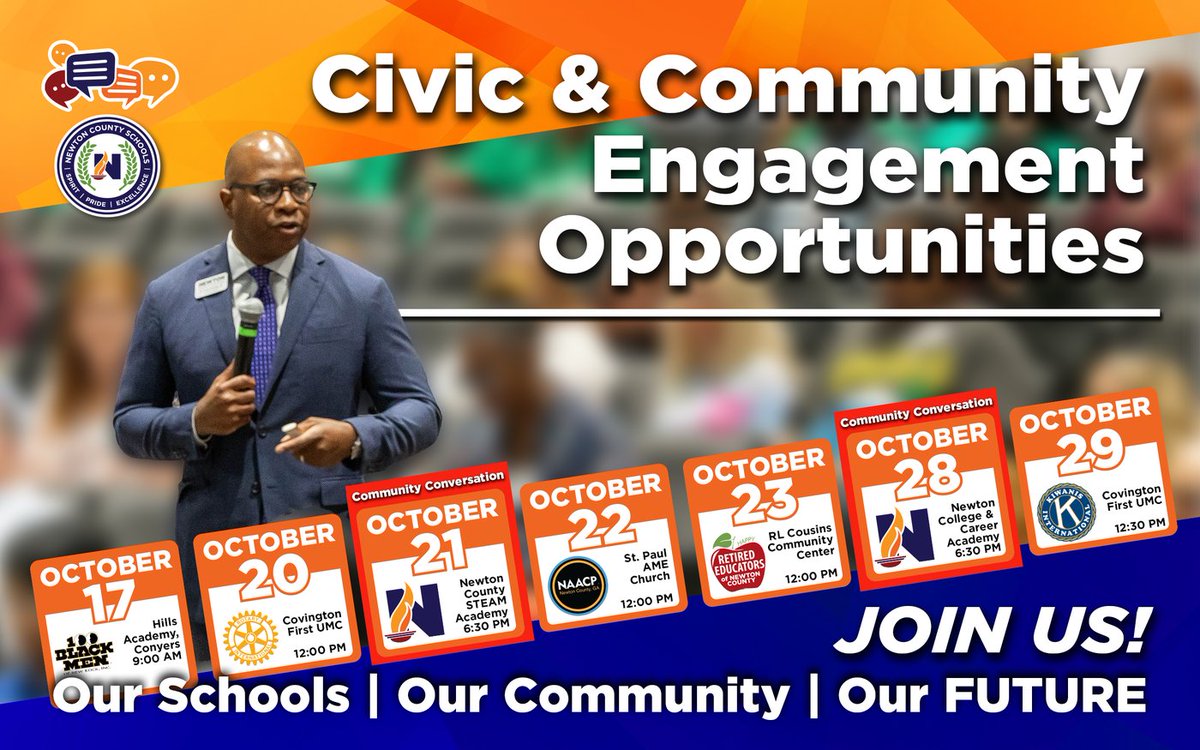 NewtonCoSchools's tweet photo. Let’s connect!!!

Throughout the month, Superintendent Dr. Duke Bradley III will be connecting with civic organizations and stakeholder groups across our community, while also hosting two Community Conversations that are open to everyone.

Before those conversations begin, we want to hear from YOU!

What would you like to hear about? What topics would you like Dr. Bradley to discuss?

Take our quick, one-question survey and help shape the conversation. Your feedback will help us focus on the issues that matter most to our students, families, employees, and community.

👉 Learn more and take the survey: https://t.co/INVkJW5TTT

We look forward to connecting with you this October!