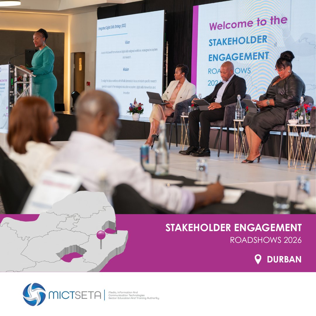 MictSeta's tweet photo. Last week, @MictSeta convened stakeholders in Durban for meaningful dialogue on the future of digital skills &amp; the evolving needs of South Africa’s Media &amp; ICT sectors.

Next stop: Cape Town | 08 Oct 2026

Together, we continue to shape a future-ready skills ecosystem.

#MICTSETA https://t.co/FDLakrToy8