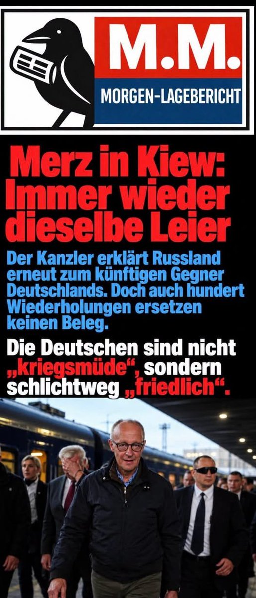 BJilge's tweet photo. Michael Münch:
"Friedrich Merz ist gerstern morgen mit einem Sonderzug in Kiew eingetroffen, während die Stadt, wie üblich unter Beschuss lag, und hat dort mal wieder erklärt, dass die russische Kriegsmaschinerie sich früher oder später gegen uns richten werde, wenn Russland nicht von der Ukraine gestoppt werde.
Genau dieser Satz ist dem Amt nicht angemessen, weil ein Kanzler zu deeskalieren hat, statt einen Krieg gegen Deutschland herbeizureden, den Moskau nicht erklärt hat und den hier niemand führen will.
Was tatsächlich Angst macht, ist nicht Putin, sondern Merz, dessen ständige, obsessive und distanzlose Beschäftigung mit der Ukraine vor dem Hintergrund einer narzisstischen Persönlichkeit darauf hindeuten kann, dass er die tägliche persönliche Schmach seines totalen Versagens im Amt mit einem Kriegseintritt Deutschlands gegen Russland kompensieren möchte.
Die Insa-Sonntagsfrage sieht die Union nur noch bei 18 Prozent, SPD und Grüne bei jeweils 14 Prozent und die AfD bei 30 Prozent, sodass die Regierungsparteien zusammen nur noch auf 32 Prozent kommen und von einer Volkspartei nur noch die Erinnerung bleibt.
Dieses Defizit kann gefährlich werden, weil Merz politisch nichts mehr zu verlieren hat und gerade deshalb fix und fertig wirkt, und Leute, die nichts mehr zu verlieren haben, waren noch nie die ruhigste Sorte.
In dieser Lage nach Kiew zu fahren, Tausende Abfangdrohnen von Quantum Systems und weitreichende Waffen mit mehr als tausend Kilometern Reichweite zuzusagen und das mit einer Milliarde Euro plus 350 Millionen für Kraftwerke zu unterlegen, ersetzt keine Politik im eigenen Land.
Wer daraus zugleich die Prophezeiung ableitet, nur so lasse sich ein späterer Angriff auf uns verhindern, macht aus einer Waffenlieferung eine unbewiesene Drohung, die durch Wiederholung nicht wahrer wird.
Der Krieg hat im Februar 2022 mit dem russischen Entschluss begonnen, die Ukraine großflächig anzugreifen, nachdem Moskau die Krim schon 2014 besetzt und den Donbass-Krieg mitgetragen hatte, und ein Motiv, das der Kreml der Nato zuschreibt, ist weder eine Rechtfertigung noch der Beweis, dass Berlin als Nächstes an der Reihe ist.
Seit Beginn dieses Krieges hat Russland Deutschland nicht angegriffen und auch nicht signalisiert, einen Krieg mit der Bundesrepublik führen zu wollen, woran auch ein ungeklärter Flugkörper in Leipzig nichts ändert, dessen Zünder nicht funktionierte und dessen Herkunft bis heute Mutmaßung bleibt.
Wenn Moskau den Bundestag treffen wollte, bräuchte es keine Spielzeugdrohne, sondern eine Rakete, und dass genau das nicht geschieht, spricht für das Fehlen eines Motivs und nicht für geheime Kriegspläne, die ein Kanzler ohne Rest zu verlieren in Kiew erst herbeireden muss.
Dieselbe Tonlage, in der die Deutschen kriegsmüde genannt werden, verdreht die Sache, denn wer keinen Krieg will, ist nicht müde von einem Krieg, den er nicht führt, sondern friedlich und nicht bereit, die Schmach eines scheiternden Kanzlers mit einem deutschen Kriegseintritt auszugleichen.
Bürger mit einem Verstand über Zimmertemperatur werden auch dann nicht glauben, dass sich die russische Kriegsmaschinerie gegen uns richtet, wenn man ihnen diesen Satz hundertmal vorliest.
Das Wording bleibt irrwitzig, und ein Kanzler, der die eigene Niederlage in den Umfragen mit der Angst vor Russland zudeckt, sollte sich fragen, ob er in diesem Amt noch alle Tassen im Schrank hat.
Moin moin, aufwachen...
Gruß M.M."