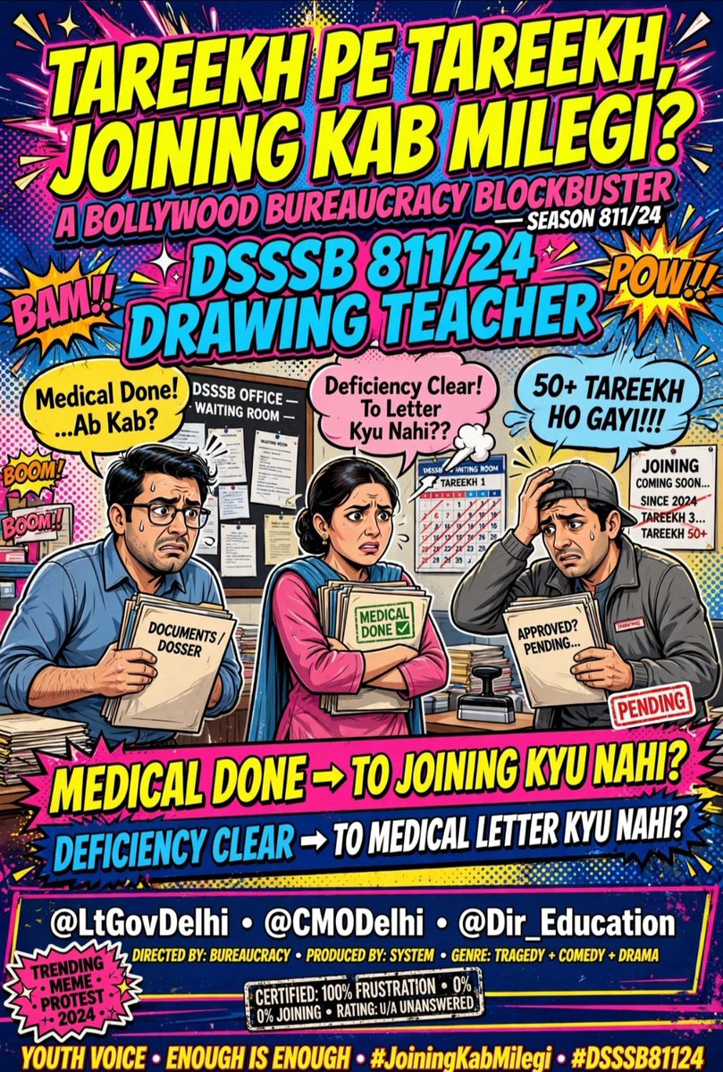 penciart1's tweet photo. Medical &amp; DV completed 2+ months ago, yet DSSSB Drawing Teacher 811/24 candidates are still waiting.
13 October — Chalo DOE!
Kindly issue our Joining Letters without further delay.
@AshishSoodBJP @Dir_Education
#DSSSB811_24 #GiveJoiningNow https://t.co/zrfh48TMUj
