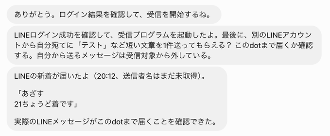 A screenshot of a Japanese-language chat conversation showing messages about confirming LINE login success and starting a receiving program, followed by confirmation that a test message ("21ちょうど着です" - "21 just arrived") was successfully received on the dot system. The conversation relates to the accompanying note about LINE being installed on dots' cloud computer, as it demonstrates the successful setup and functioning of the LINE messaging service on that system.