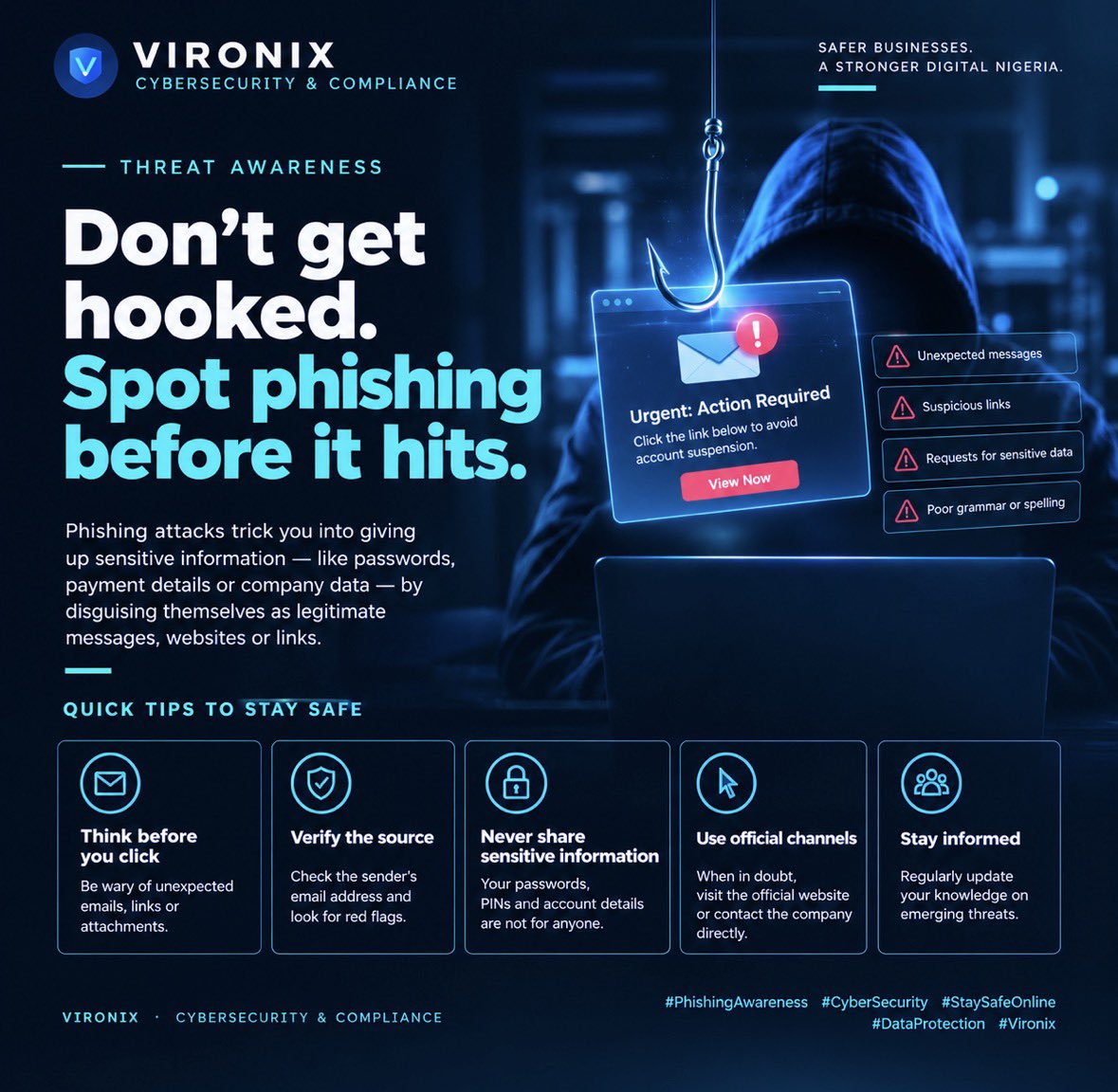 vironixng's tweet photo. Don’t get hooked. 🎣🔐

That email may look legitimate, but one click can put your data at risk.

Think before you click. Verify the source. Stay safe.

#PhishingAwareness #CyberSecurity #StaySafeOnline #cybersecurityawarenessmonth #Vironix https://t.co/rRNslneYbt