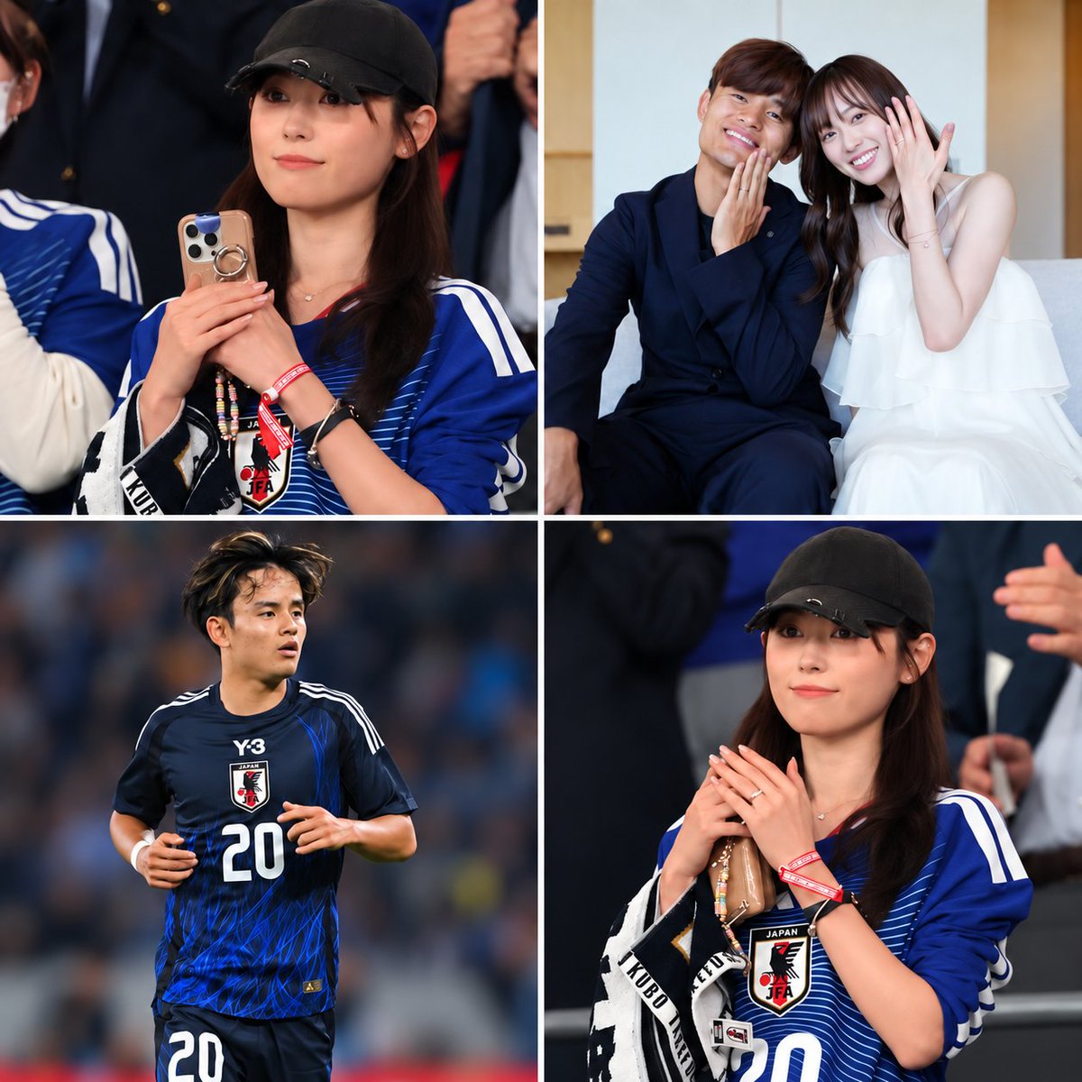 ctyjo0's tweet photo. これは素敵すぎる…！

久保建英選手との電撃婚を発表してわずか3日。
福原遥さんが国立競技場に駆けつけ、夫の“新婚初陣”を現地観戦⚽️

しかも背番号「20」のユニホーム姿で、左手薬指には結婚指輪。

結婚後初の代表戦をスタンドから見守るって、なんかいいなぁ。

久保選手も「これからは家族のために頑張らないと」と話していただけに、これはいつも以上に気合い入るだろうな🔥

末永くお幸せに！