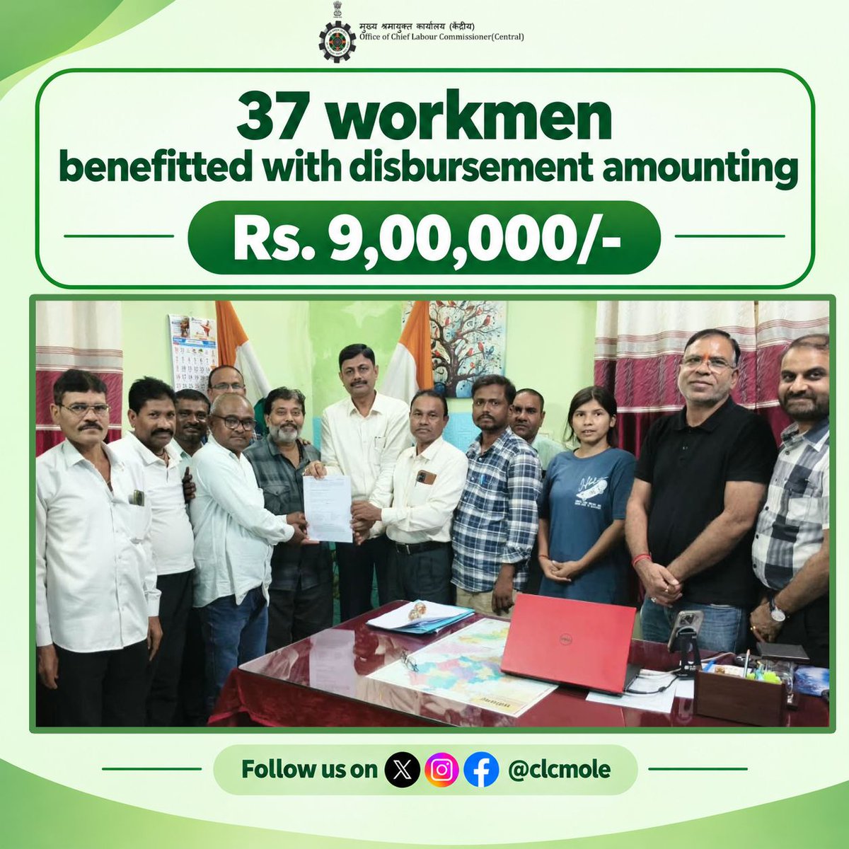 CLCMOLE's tweet photo. With the sincere efforts of RLC(C), Raipur, a settlement was arrived at between M/s Shree Ji Resources LLP, a contractor engaged under UltraTech Hirmi Cement Works, and the workers’ union, resulting in grant of CMA DA to 37 workmen, with an annual financial impact of ₹9 lakh. https://t.co/ldSWuUkHAk
