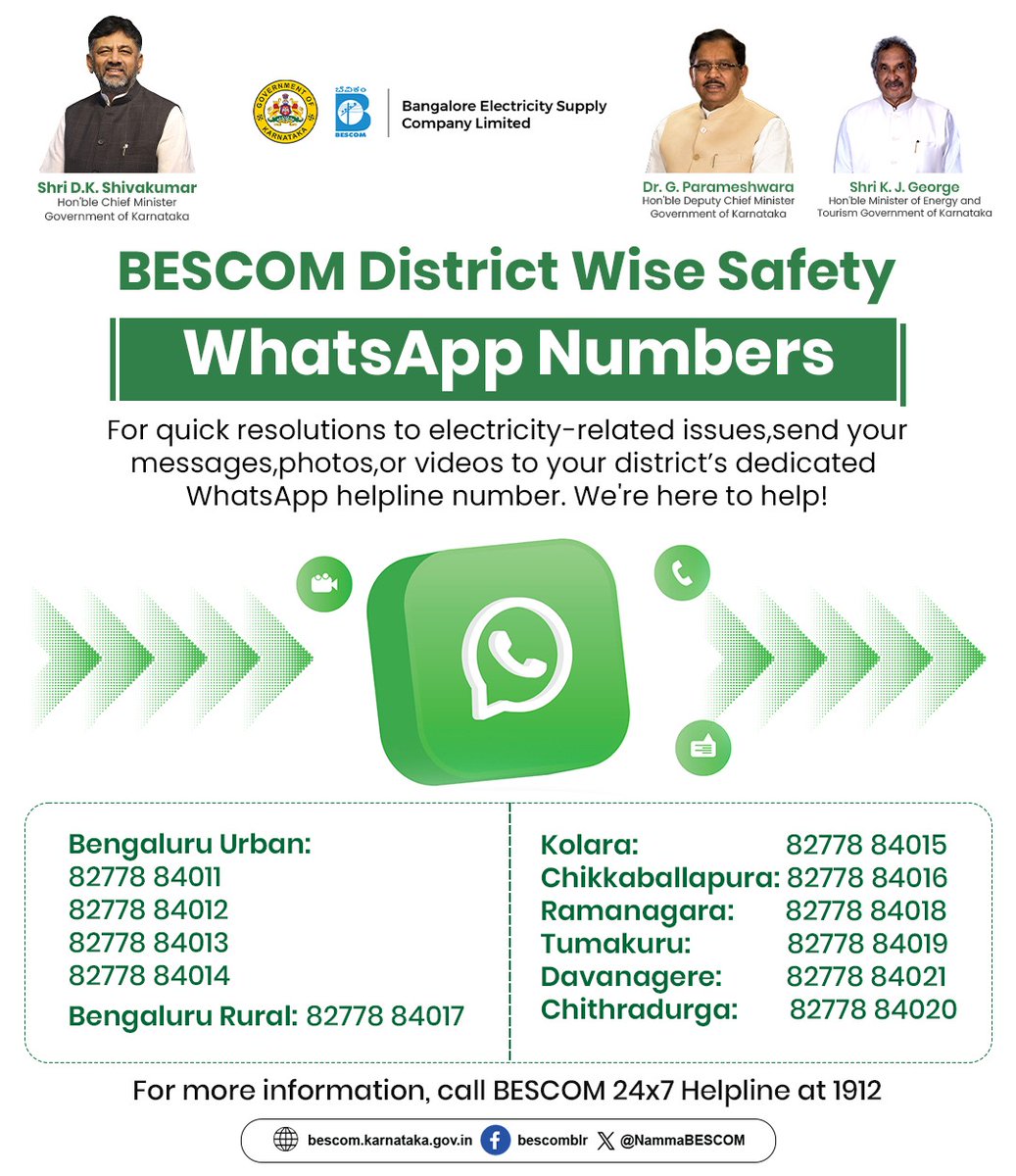 NammaBESCOM's tweet photo. For any electricity-related issues, you can message BESCOM's WhatsApp helpline number

#Bescom #WhatsapphelplineBescom WhatsApp Helpline  
#Bescom #Helpline https://t.co/wf0FR3Ybc3