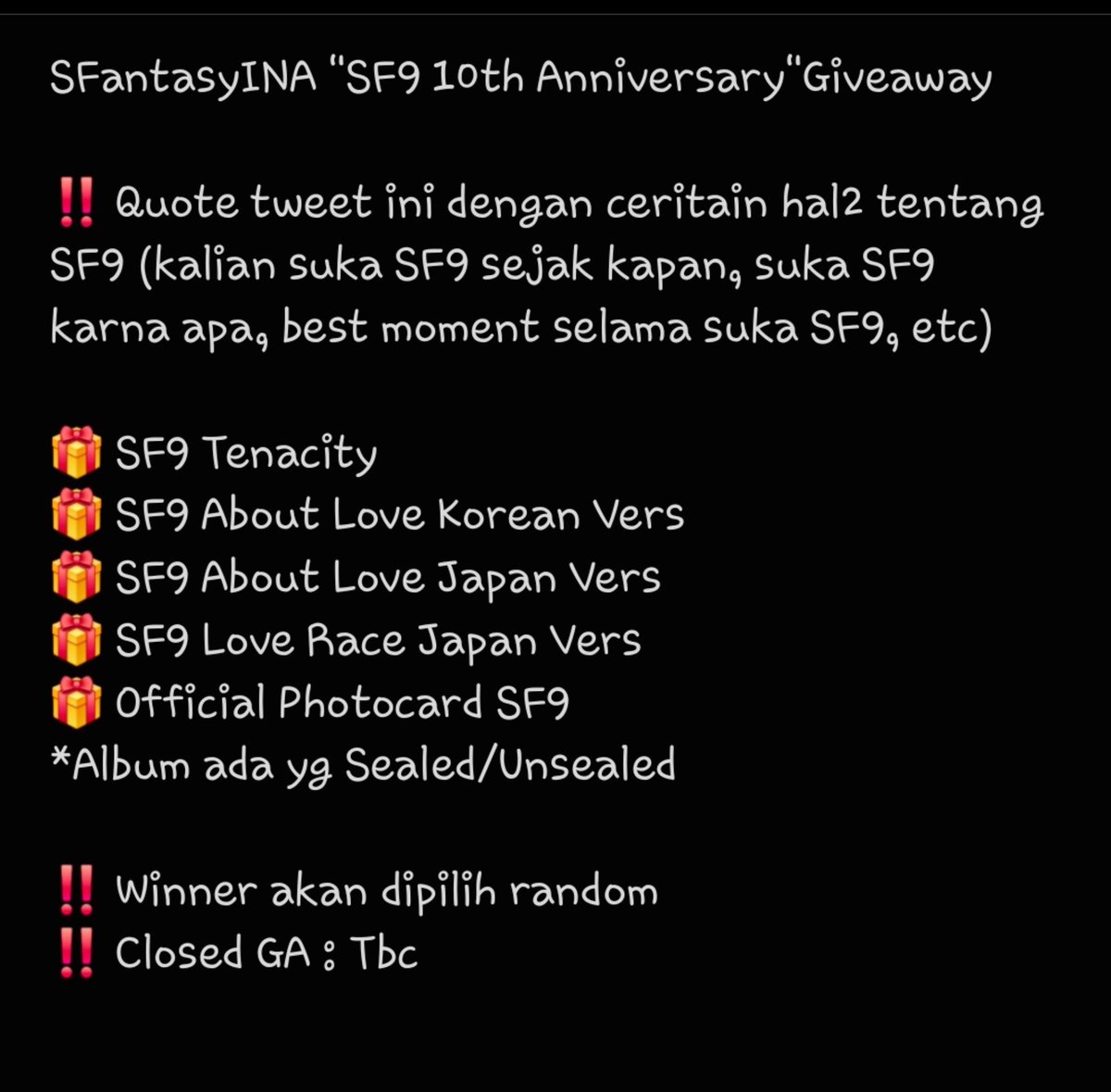 SFantasyINA's tweet photo. Fantasy,maaf klo skrg udah nggak pernah update soal SF9,tapi base ini masih aktif walopun jarang update. 
Dan buat ngerayain 10th Anniversary tiba2 pengen ngeGA,sepertinya sudah lama juga nggak bikin ngeGA

Detail cek foto!

#SF9 #SF9데뷔10주년
#SF9_10th_Anniversary #Happy10thSF9 https://t.co/tGqzZmudR1