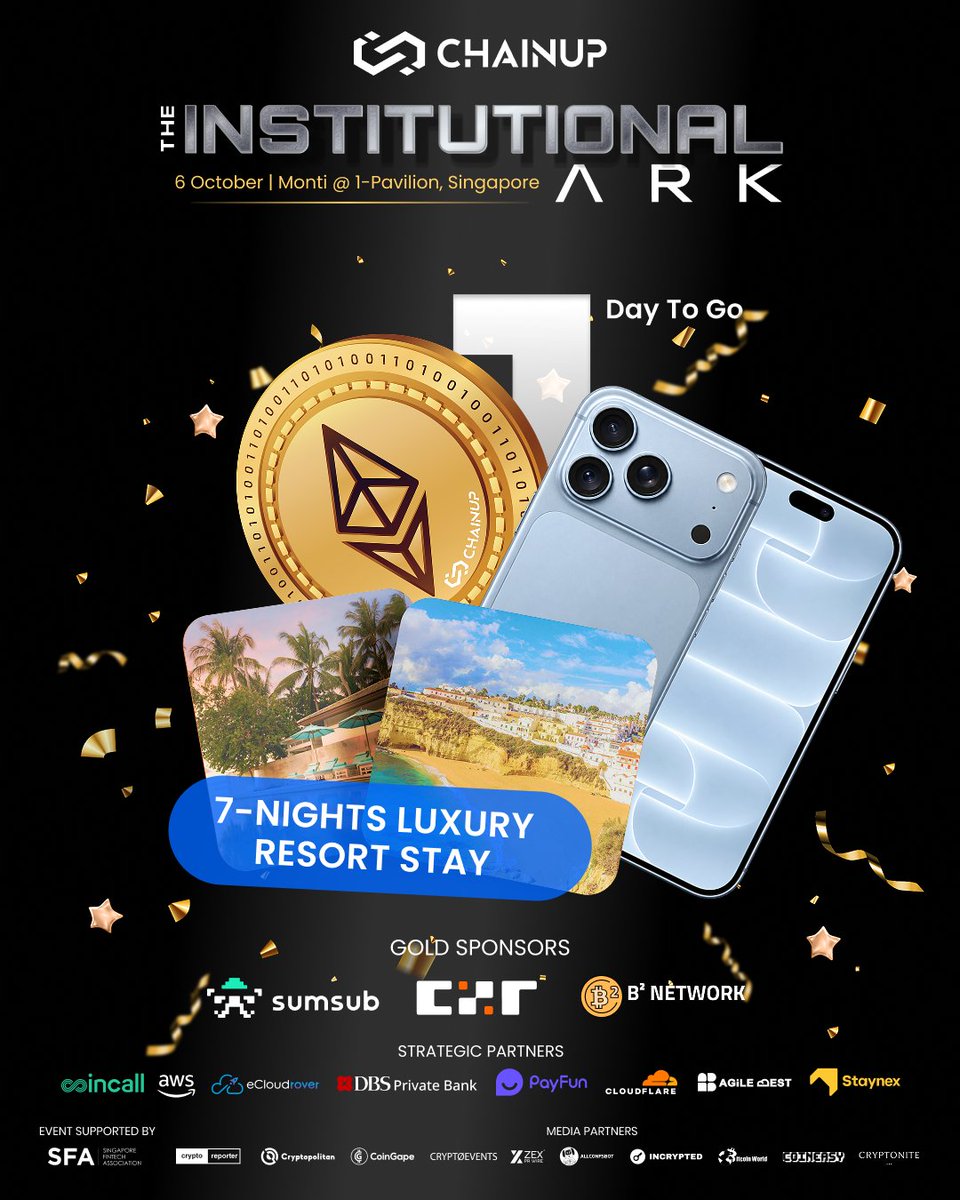 ChainUpOfficial's tweet photo. 🎁Will you walk away with 𝗘𝗧𝗛, 𝗮𝗻 𝗶𝗣𝗵𝗼𝗻𝗲 𝟭𝟴 𝗣𝗿𝗼 𝗠𝗮𝘅, 𝗼𝗿 𝗮 𝟳-𝗻𝗶𝗴𝗵𝘁 𝗹𝘂𝘅𝘂𝗿𝘆 𝗿𝗲𝘀𝗼𝗿𝘁 𝘀𝘁𝗮𝘆? In less than 𝟮𝟰 𝗵𝗼𝘂𝗿𝘀, live prize draws take center stage at 𝙏𝙝𝙚 𝙄𝙣𝙨𝙩𝙞𝙩𝙪𝙩𝙞𝙤𝙣𝙖𝙡 𝘼𝙧𝙠.

Before the @token2049  conference rush begins, we are anchoring at 𝗠𝗼𝗻𝘁𝗶 𝗮𝘁 𝟭-𝗣𝗮𝘃𝗶𝗹𝗶𝗼𝗻 on the Marina Bay waterfront for an evening of high-value networking and curated hospitality.

Every guest also walks in with a guaranteed 𝗣𝗮𝘆𝗙𝘂𝗻 𝗟𝗲𝗴𝗲𝗻𝗱 𝗰𝗿𝘆𝗽𝘁𝗼 𝗰𝗮𝗿𝗱, plus a shot at 𝗗𝗿𝗮𝗴𝗼𝗻𝗣𝗮𝘀𝘀 𝗹𝗼𝘂𝗻𝗴𝗲 𝗮𝗰𝗰𝗲𝘀𝘀 𝗮𝗻𝗱 𝗦𝘁𝗮𝘆𝗻𝗲𝘅 𝘄𝗼𝗿𝗹𝗱𝘄𝗶𝗱𝗲 𝘁𝗿𝗮𝘃𝗲𝗹 𝗱𝗶𝘀𝗰𝗼𝘂𝗻𝘁𝘀 — all built around closed-door conversations with institutional allocators and Web3 leadership.

📅 𝗧𝗼𝗺𝗼𝗿𝗿𝗼𝘄, 6 October 2026 | 8:00 – 11:00 PM SGT (Doors open at 7:30 PM)
📍 Monti at 1-Pavilion, Marina Bay Waterfront

⏳ 𝗙𝗶𝗻𝗮𝗹 𝗵𝗼𝘂𝗿𝘀 𝘁𝗼 𝘀𝗲𝗰𝘂𝗿𝗲 𝘆𝗼𝘂𝗿 𝗽𝗮𝘀𝘀: https://t.co/SRByesBuA6

Built with our sponsors and partners:
@BSquaredNetwork | @czrexchange | @sumsub | @awscloud | eCloudrover | @Cloudflare | 𝗔𝗴𝗶𝗹𝗲 𝗕𝗲𝘀𝘁 |
@Coincall_Global | DBS Bank | @PayFunOfficial | @staynexcom | @Allconfsbot | @ItsBitcoinWorld | @Coiniseasy | @CoinGapeMedia | @CryptoniteUae | @CPOfficialtx | @CryptoEventsHQ | @ReporterCrypto | @incrypted | @zexprwire |

#CUatToken2049 #InstitutionalArk #Token2049 #Singapore #ChainUpEvents