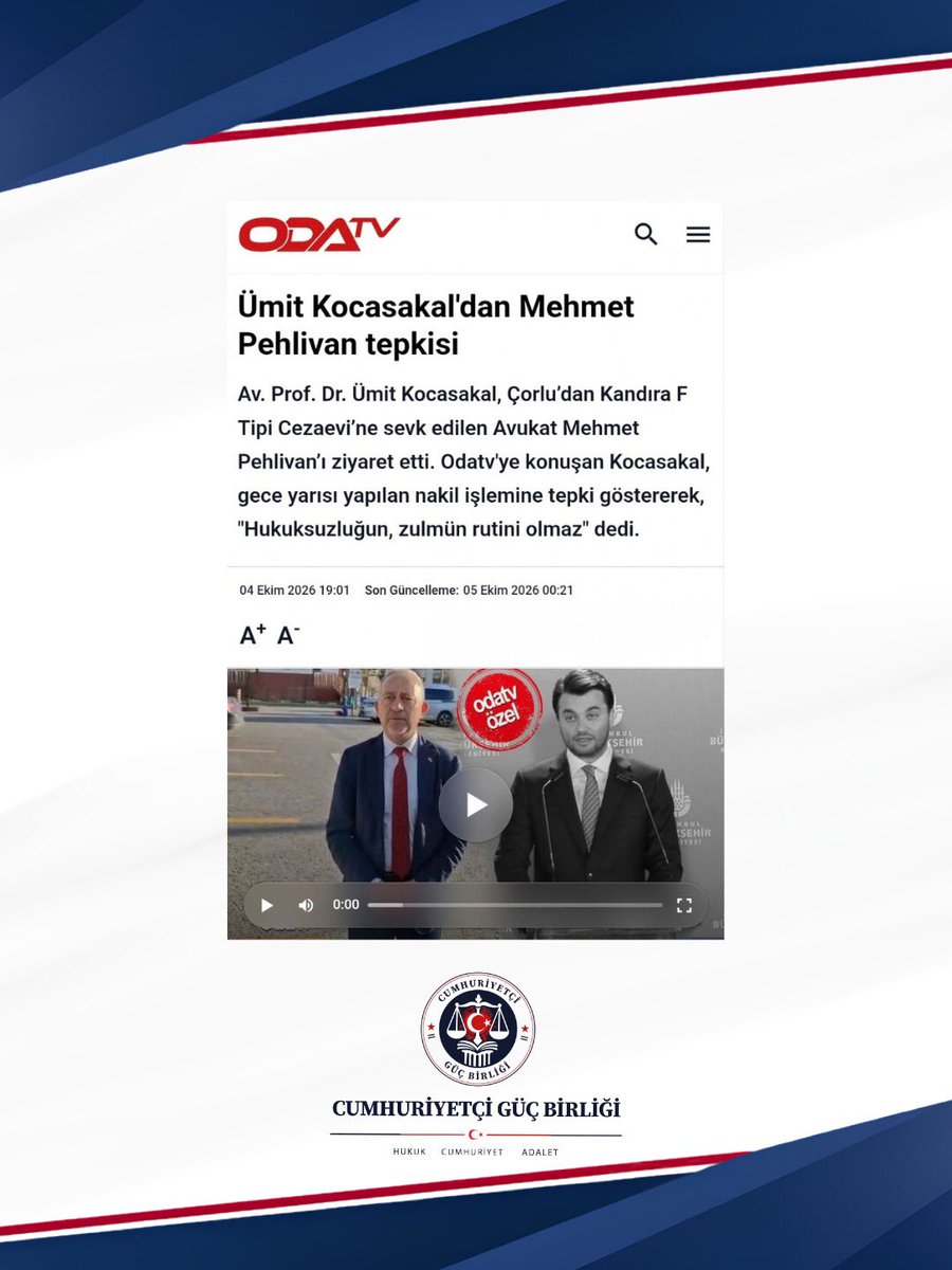 cumhuriyetciav's tweet photo. İstanbul Barosu Başkan adayımız Av. Prof. Dr. Ümit Kocasakal’ın, Av. Mehmet Pehlivan’ın cezaevi sevkine ilişkin yaptığı açıklamalar ulusal basında geniş yer buldu.

“Hukuksuzluğun, zulmün rutini olmaz.”

Hukuk devletinin ve meslektaşlarımızın yanında durmaya devam edeceğiz. https://t.co/2Ys6bJdX5h