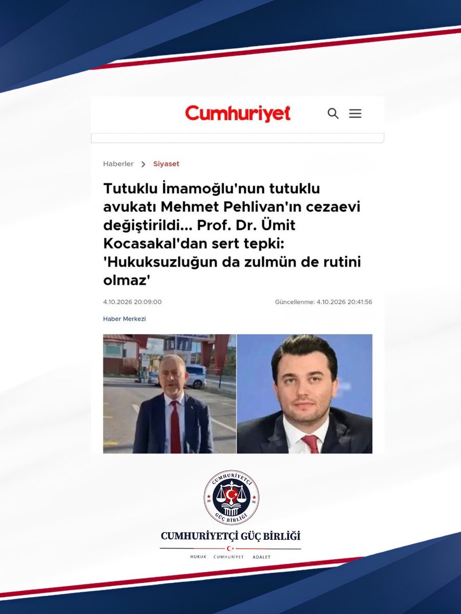cumhuriyetciav's tweet photo. İstanbul Barosu Başkan adayımız Av. Prof. Dr. Ümit Kocasakal’ın, Av. Mehmet Pehlivan’ın cezaevi sevkine ilişkin yaptığı açıklamalar ulusal basında geniş yer buldu.

“Hukuksuzluğun, zulmün rutini olmaz.”

Hukuk devletinin ve meslektaşlarımızın yanında durmaya devam edeceğiz. https://t.co/2Ys6bJdX5h