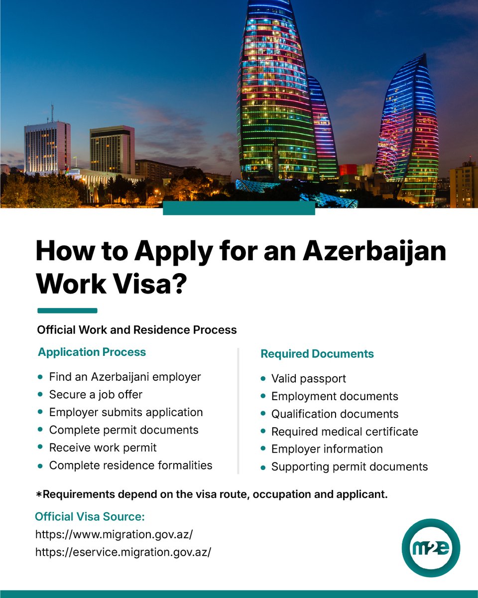 Moving2Europe's tweet photo. 🇦🇿 How to Apply for an Azerbaijan Work Visa?
Find an Azerbaijani employer, secure a job offer, complete the required work-permit process and then follow the applicable residence formalities.
Learn more:
https://t.co/oJV6uvgAkr
#AzerbaijanJobs #WorkInAzerbaijan #WorkAbroad https://t.co/Ng48kTAKn1