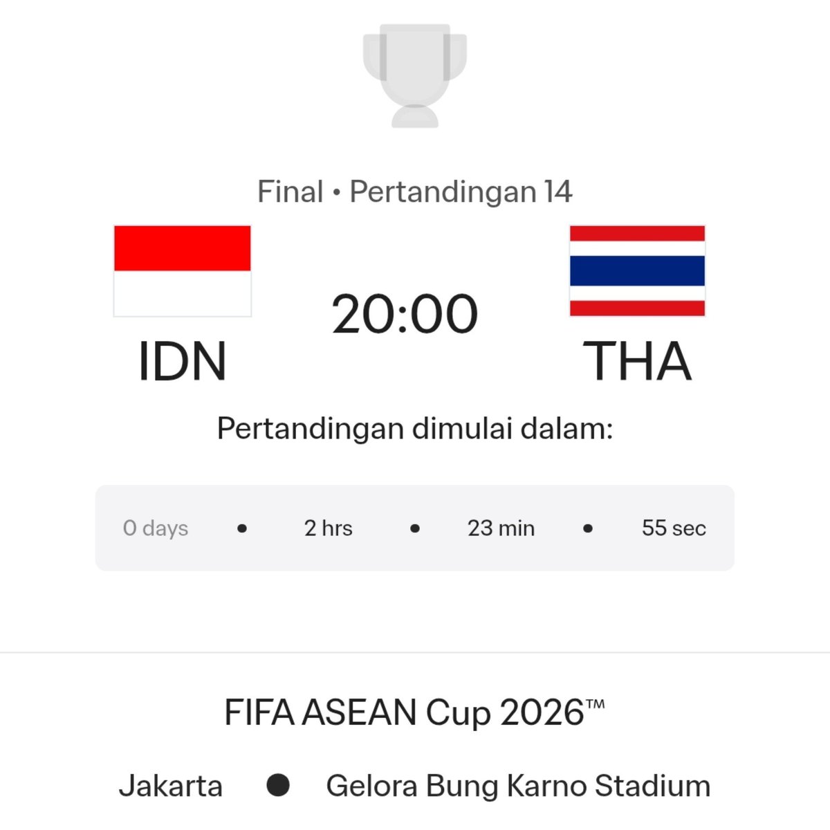 zksrzkshmr's tweet photo. Kuis!!!
FIFA ASEAN CUP 2026 FINAL ⚽️

🇮🇩 Indonesia vs 🇹🇭 Thailand

Predict your picks:
1️⃣ First goalscorer
2️⃣ FT Final score
3️⃣ Match Winner

Example: 
1️⃣ Mitchell Baker
2️⃣ 3-3
3️⃣ Indonesia

Ramaikan!! https://t.co/jfqVKFQ2AB