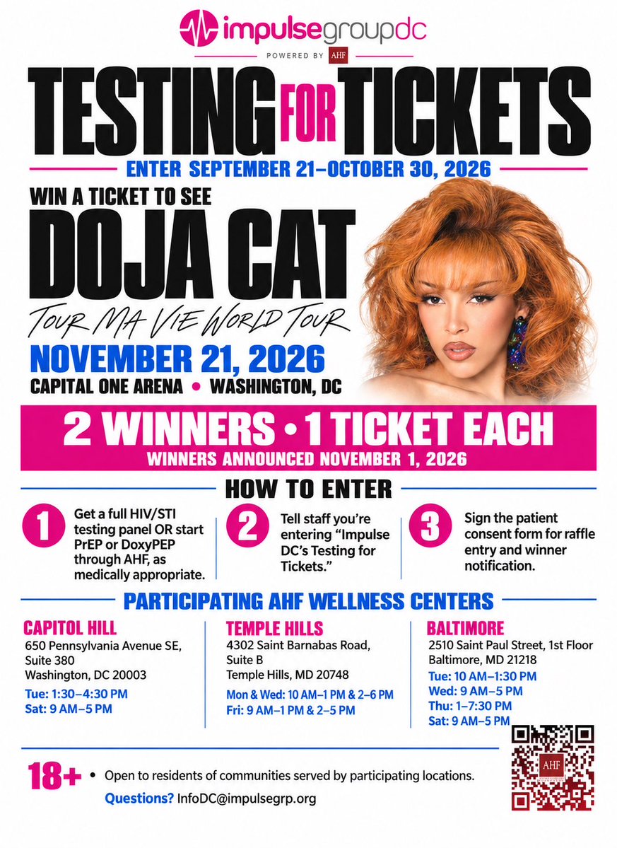 impulsegroupdc's tweet photo. See Doja Cat LIVE on Nov. 21—for FREE! 🎟️ Now through Oct. 30, get a full HIV/STI panel or start PrEP or DoxyPEP at a participating AHF location for a chance to win a ticket. Mention “Impulse DC’s Testing for Tickets” to enter the raffle! https://t.co/fuXOW66iwT
