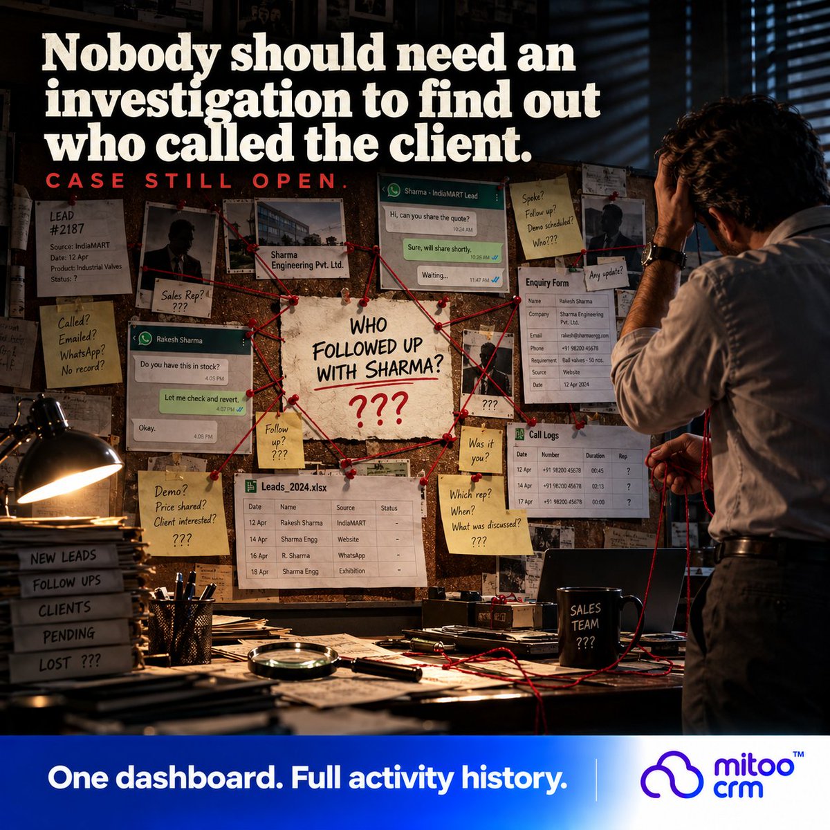 MitoCRM's tweet photo. Nobody should need an investigation to find out who called the client.

Case still open.

One dashboard. Full activity history.

🔗 https://t.co/ILb84RXJWI

#CRM #SalesTracking https://t.co/wMr59W3g8I
