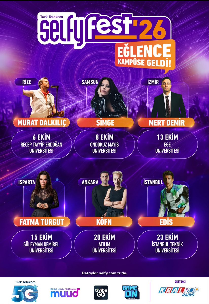 TTMedyaMerkezi's tweet photo. Türk Telekom Selfyfest’26 ile kampüslerde eğlence başlıyor! 

6-23 Ekim tarihleri arasında Rize, Samsun, İzmir, Isparta, Ankara ve İstanbul’da gerçekleşecek Selfyfest’26; açık hava konserlerinden spora, interaktif oyunlardan birbirinden özel aktivitelere uzanan dopdolu programıyla üniversite kampüslerine geliyor.

Selfy3X3 Basketbol Turnuvası ve artırılmış gerçeklik teknolojisiyle oynanan yeni nesil spor dalı HADO Turnuvası ile gençler hem eğlenecek hem de rekabetin heyecanını yaşayacak.

Murat Dalkılıç, Simge, Mert Demir, Fatma Turgut, KÖFN ve Edis’in sahne alacağı Selfyfest’26’da müzik ve eğlence kampüslerde buluşacak.

https://t.co/UqtMJJKNog