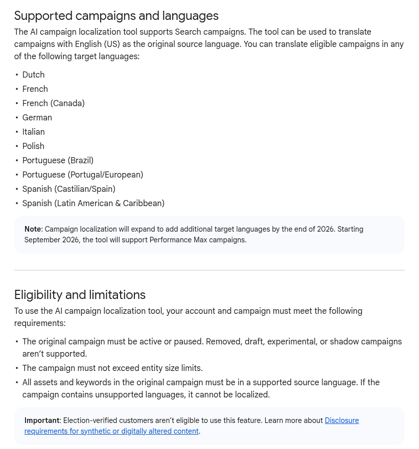 BerntMuurling's tweet photo. Google just shipped a beta that can spin a whole Search campaign into another language without touching the original.

AI campaign localization: pick an eligible English (US) Search campaign, choose target language, location and budget, and generative AI builds a new, independent campaign. The source stays as is. Headlines, descriptions, sitelinks, callouts and keywords get translated. Images with text overlays get the text in-painted out, with the message added as text assets. You review in a four-column table (original, translation, back-to-English, notes), can leave free-text instructions like "do not translate the brand," and publish paused by default.

Dutch is on the day-one language list, so NL/BE tests from a US-English source are suddenly a few clicks away. Entry points: Campaigns table, Tools > Localization, or an Optimization score localization recommendation.

The traps matter more than the wizard. Budgets and bids copy 1:1 with no FX, so a $100 US budget is still $100 in the new market. Translated keywords are not researched keywords. Local query language still wins. Landing pages: either a Google JS machine-translate snippet, or bulk URL find-and-replace. Neither is a native market page.

Treat the output like any new market draft: bids, keyword research and LP quality still need a human pass. And before you scale that geo on a copied budget with loose translations, sanity-check traffic quality so you are not learning from junk.