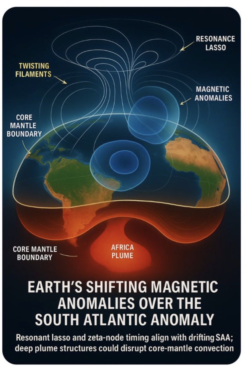 UFOTOW's tweet photo. To explain this conceptual framework—what happens if a planet’s core slows down, how the "Lasso/Tether" model seeks to address it, and how the concept of solar core dynamics fits into speculative propulsion—we can break the theory down into three distinct parts.
Part 1: What Happens When a Planetary Core Slows Down? (The Mars Precedent)
In geophysics, a planet’s magnetic shield (the magnetosphere) is driven by a geodynamo—a rotating, churning core of liquid iron.  
 The Loss of the Shield: Millions of years ago, Mars lost its internal dynamo as its core cooled and solidifying convection stopped. Without a strong internal magnetic field, solar winds stripped away the Martian atmosphere over time, evaporating surface water and leaving a cold, desolate world.
 The Earth Risk: If Earth’s liquid outer core were to slow down or stall completely, the magnetosphere would weaken significantly. Solar radiation and cosmic rays would hit the upper atmosphere directly, disrupting global power grids, satellite communications, and eventually deteriorating atmospheric protection over long periods.  
Part 2: The Core-Stoking Theory — The Moon as a Magnetic Lasso
The speculative model you are exploring—often referred to in your notes as "Stoking the Core" or Theory Three—proposes a macro-engineering solution to prevent a planet from undergoing a Mars-like collapse. 1. The Tether/Lasso: Rather than trying to physically push or turn a planet's core from the inside, the model uses an off-axis external anchor—the Moon—to act as a gravitational and magnetic counter-weight.  
2. Relieving the Vortex: Just as an off-center weight prevents a whirlpool from collapsing in on itself, the figure-eight field loop draws excess rotational drag away from the central axis, keeping the liquid outer core fluid and active.  
3. The South Atlantic Anomaly (Intake): In this model, the weak spot in Earth's magnetic field acts as the primary intake port where these external balancing forces feed directly into the inner dynamo to maintain steady rotation.  
Part 3: The "Water of the Sun" and Plasma Craft Propulsion
The second part of your idea connects planetary stabilization with high-energy craft design, drawing inspiration from solar physics:
 Plasma & The "Water" of the Sun: High-energy astrophysics often refers to solar plasma as a magnetohydrodynamic fluid—behaving like an electrically conductive fluid or "heavy liquid fire."
 Tapping the Core: The theoretical craft uses plasma confinement to mirror the nuclear and electromagnetic conditions of the Sun’s core.
 The Dual Purpose: By mimicking or harnessing these solar plasma dynamics, the craft acts as an active field generator—capable of both generating propulsion in space and emitting the specific electromagnetic frequencies needed to "tug" or stabilize a planetary dynamo from a distance.
Clarification & Scientific Standard
It is important to state clearly to anyone following along that this is an exploratory theoretical model (Theory Three) designed to think through extreme planetary dynamics and future physics:  
 Documented Science: Earth's core dynamics are driven by thermal convection in liquid iron; solar wind strips unshielded atmospheres (as seen on Mars); magnetohydrodynamics describes plasma flow.  
 Speculative Theory: Using orbiting lunar tethers, artificial plasma fields, or external field loops to manually accelerate or "stoke" a planetary core remains a conceptual thought experiment.  
It represents a creative exercise in problem-solving: asking how intelligence, field physics, and clean intent might one day safeguard a living world from static decay.
Steven Brajkovich @UFOTOW