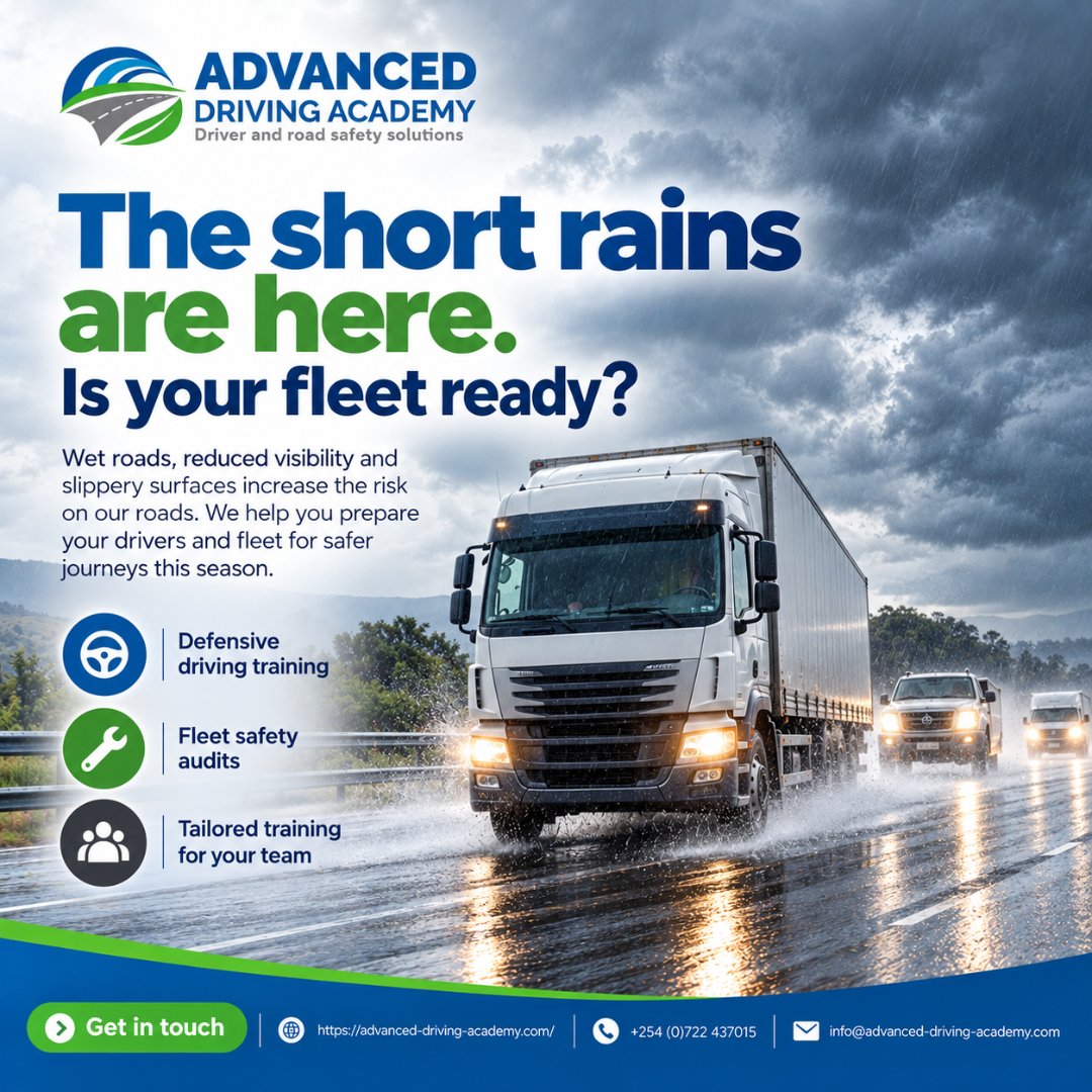 adaafricax's tweet photo. The short rains are here. Wet roads, low visibility and slippery surfaces raise the risk for every fleet. Is yours ready? Call +254 (0)722 437015.
#ShortRains #FleetSafety #RoadSafetyKenya https://t.co/8e9SvYWIQ7