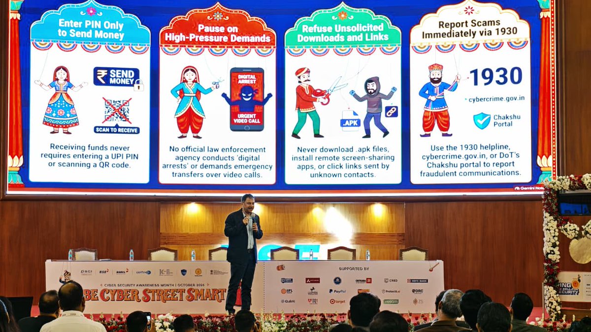 DSCI_Connect's tweet photo. Reflecting on the grand ceremony that opened #CyberSecurityAwarenessMonth2026 

What a way it was to begin. At @BSEIndia , Mumbai, we officially launched #BeCyberStreetSmart, bringing the timeless storytelling tradition of Kathputli into the digital age to help everyone pause, think and choose wisely online.

The day had a bit of everything. There was the lamp lighting with our partners and two thought-provoking panels on AI, trust and fraud resilience. A keynote from @MahaCyber1  reminded us that awareness is our strongest defence. And then the bell rang, and the show began. A heartfelt thank you to BSE, India and BSECL for hosting us.

The curtain has been up for a few days now, and the show is in full swing. The strings are in our hands all through October. Let's hold them well.
Explore the campaign and join the show: https://t.co/YbsXlIMhbR

@IndianCERT @Cyberdost #GovernmentofMaharashtra (GoM) @GoI_MeitY
@63Sats @AxisBank @CIDKarnataka (#CCITR)
@ChitkaraU @CryptoCred @HDFC_Bank @iiflcapital
@LloydsBank @PayPal @pnbindia  https://t.co/uLOJvhnsae @QRC_Assurance @Quilr_Security @sq1_security @TeamTargetIndia @Target @ThalesDigiSec
@Veeam @ZSAssociates