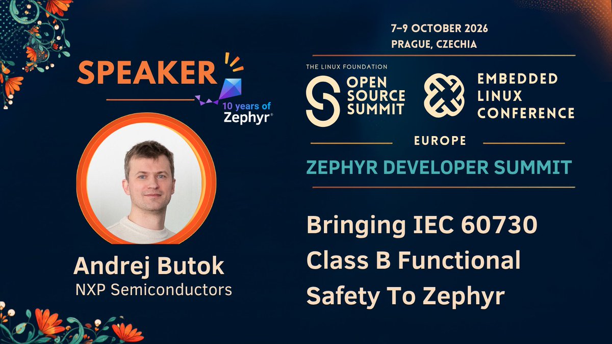 ZephyrIoT's tweet photo. Join Andrej Butok of NXP at the Zephyr Developer Summit in Prague to explore an open, reusable IEC 60730 Class B diagnostic framework built on Zephyr, from self-tests to safe-state handling. https://t.co/gONkEAxG6r https://t.co/htiMgjUZ0v