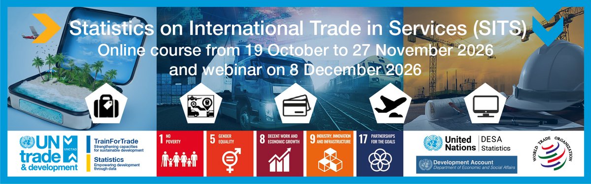 TrainForTrade's tweet photo. 📣 Join the Statistics of International Trade in Services 2026 (SITS) course organized by @UNCTAD @TrainForTrade @wto from 19 Oct–8 Dec. For statisticians, trade data compilers &amp; users worldwide.

Register: https://t.co/7peFhMQvh4 (🔒 SITS.2026)
More info: https://t.co/q1SfFELSUk https://t.co/Gv5fuGkzjt
