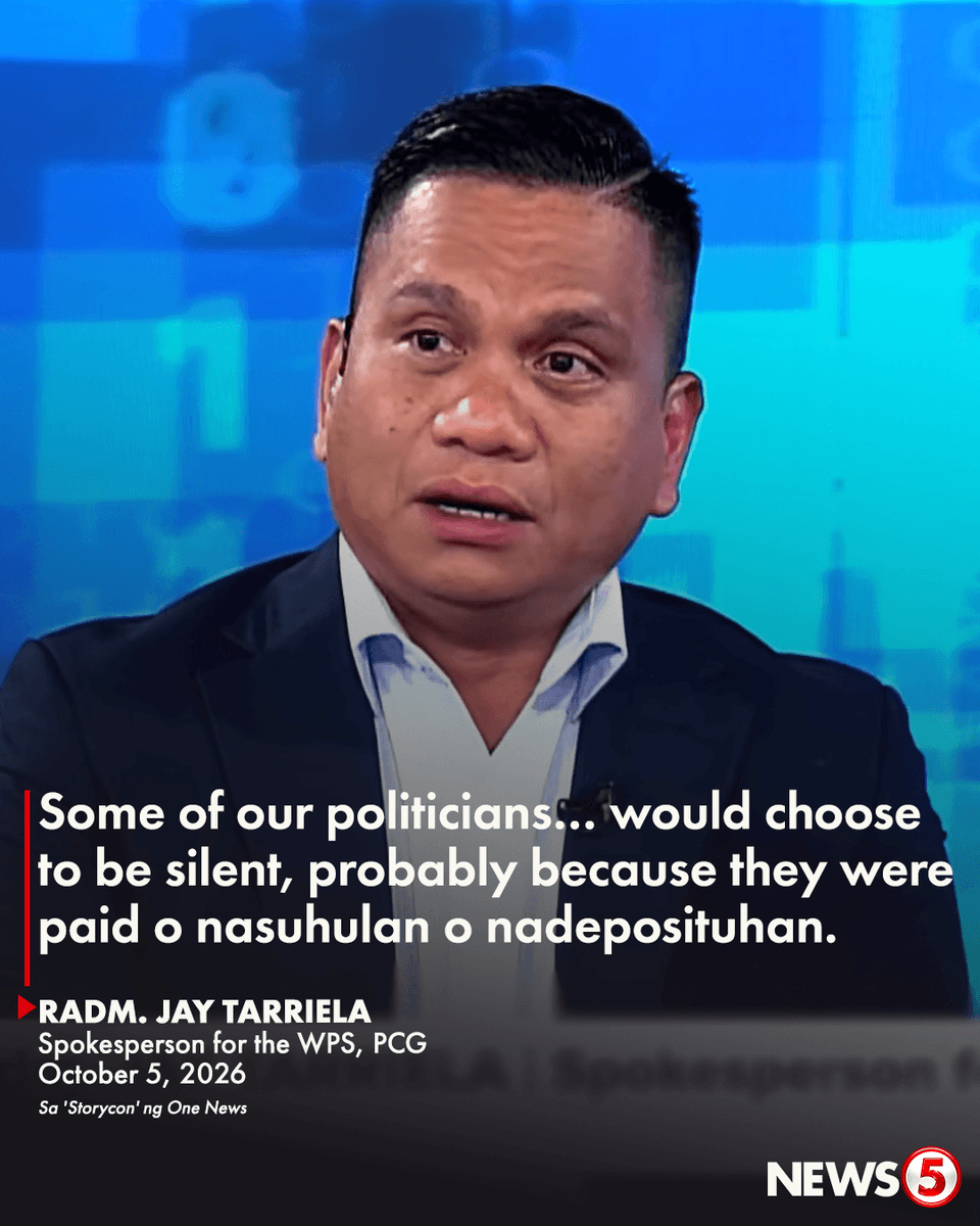 TV5NewsPH's tweet photo. TAHIMIK SA ISYU DAHIL BINAYARAN?

Inilahad ni Philippine Coast Guard (PCG) spokesperson for the West Philippine Sea RAdm. Jay Tarriela na ang ilang politikong nananahimik sa isyu ng West Philippine Sea ang posibleng nakatatanggap ng pera mula sa China.

“Kapag Pilipino ka and you’re pretty much aware of what’s happening because of the transparency effort of the Philippine government and you don’t say anything… para sa akin kaduda-duda na agad ‘yung tinitindigan mo,” ani Tarriela sa “Storycon” ng One News.

Naniniwala din siyang gumagastos ang China na milyon-milyong piso para hubugin ang political agenda ng Pilipinas pagdating sa isyu ng West Philippine Sea.

#Storycon
