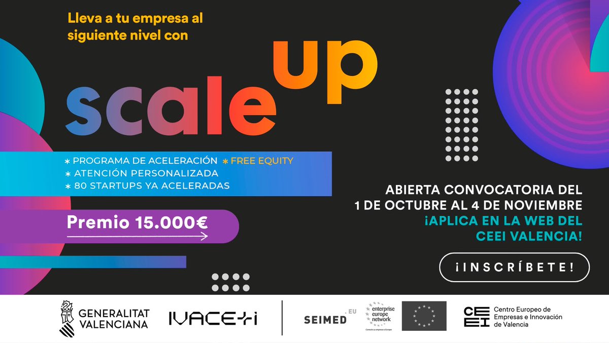 ceeivalencia's tweet photo. ☄️ #ScaleUpVLC abre su 9ª edición

10 plazas, 6 meses y un plan a medida para startups de la Comunitat Valenciana que quieran dar el salto. 

Un programa de aceleración de CEEI Valencia e @GVAivace, sin coste ni equity.

Hasta el 4/11 👉 https://t.co/xd4cdL9GE5 https://t.co/m9kiPe5o1W