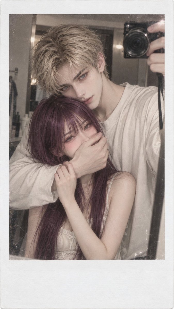 YueyueforLuis's tweet photo. 甜蜜居家拍立得🧦🧺

prompt-

9:16 Vertical composition, realistic.

Japanese cinematic portrait × retro Polaroid selfie × soft.

Low-saturation tones. 

An adult couple takes a casual selfie in front of a mirror in a small room.

The image is natural, intimate, and has a touch of everyday life.

The man is tall and slender, wearing a loose, off-white long-sleeved shirt.

He holds the camera high in one hand to take the selfie, while the other arm encircles the woman's shoulder from behind, gently covering her mouth with his hand. 

He leans close to her head, his expression languid yet with a mischievous smile.

The woman wears a cream-white spaghetti-strap top with ruffles, leaning against the man's chest. 

She holds his wrist with one hand, her eyes crinkling as she looks at the camera, her cheeks flushed, as if suppressing a laugh.

The obvious height difference between the two, with their shoulders and cheeks very close, creates the composition of a candid, everyday couple's shot. 

The background is a blurred mirrored space in a bathroom/dressing room, retaining a sense of realism and clutter.

Ultra-low saturation gray-beige 

cinematic color grading: washed-out beige, muted gray, pale skin tones, soft haze, matte blacks, gentle film grain, slightly overexposed highlights, vintage instant camera texture.

The outer edge retains a thick white Instax paper border, with a large white space below, devoid of text, dates, and watermarks.

Negative prompts: 

layered haircut, wolf cut, feathered hair, uneven hair length, thin bangs, 
extra fingers, malformed hands, distorted face, 
extra limbs, duplicated people, bad anatomy, text,subtitles, watermark, logo, UI elements, oversaturated colors.