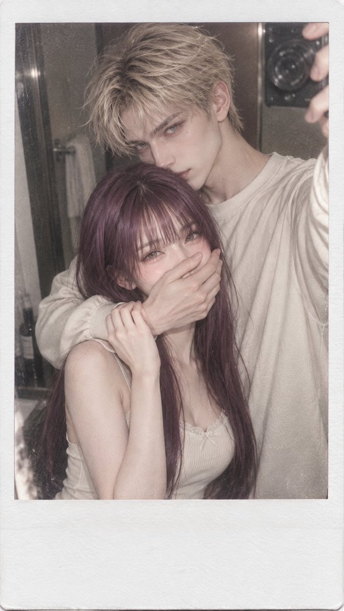 YueyueforLuis's tweet photo. 甜蜜居家拍立得🧦🧺

prompt-

9:16 Vertical composition, realistic.

Japanese cinematic portrait × retro Polaroid selfie × soft.

Low-saturation tones. 

An adult couple takes a casual selfie in front of a mirror in a small room.

The image is natural, intimate, and has a touch of everyday life.

The man is tall and slender, wearing a loose, off-white long-sleeved shirt.

He holds the camera high in one hand to take the selfie, while the other arm encircles the woman's shoulder from behind, gently covering her mouth with his hand. 

He leans close to her head, his expression languid yet with a mischievous smile.

The woman wears a cream-white spaghetti-strap top with ruffles, leaning against the man's chest. 

She holds his wrist with one hand, her eyes crinkling as she looks at the camera, her cheeks flushed, as if suppressing a laugh.

The obvious height difference between the two, with their shoulders and cheeks very close, creates the composition of a candid, everyday couple's shot. 

The background is a blurred mirrored space in a bathroom/dressing room, retaining a sense of realism and clutter.

Ultra-low saturation gray-beige 

cinematic color grading: washed-out beige, muted gray, pale skin tones, soft haze, matte blacks, gentle film grain, slightly overexposed highlights, vintage instant camera texture.

The outer edge retains a thick white Instax paper border, with a large white space below, devoid of text, dates, and watermarks.

Negative prompts: 

layered haircut, wolf cut, feathered hair, uneven hair length, thin bangs, 
extra fingers, malformed hands, distorted face, 
extra limbs, duplicated people, bad anatomy, text,subtitles, watermark, logo, UI elements, oversaturated colors.