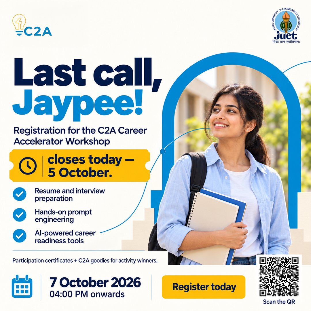 concept2action's tweet photo. 🚨 LAST CALL, JAYPEE!
Registration for the C2A Career Accelerator Workshop closes TODAY — 5 Oct!
Get hands-on with Prompt Engineering, strengthen your resume &amp; interview skills, and build your career roadmap.
📅 7 Oct | ⏰ 4 PM onwards
Register: https://t.co/qBYCi1ZkZi

#C2A https://t.co/35VmNH9t9b