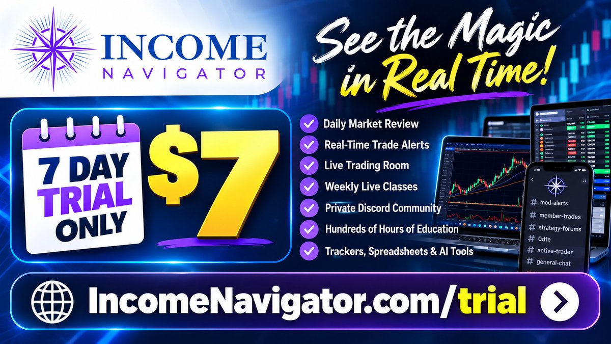 tommking7's tweet photo. Stop Trading Alone!
Join 1,500+ traders learning a professional approach to generating income through options trading while managing risk.

Want to see how we trade LIVE — in real time? 📈
Try Income Navigator for 7 days for just $7 and get access to:
✅ Daily Market Reviews
✅ Real-Time Trade Alerts
✅ Live Trading Room
✅ Weekly Live Classes
✅ Private Discord Community
✅ Hundreds of Hours of Education
✅ Trade Plans, Trackers, Spreadsheets & AI Tools
See the trades. Watch the management. Learn the process.
See the magic in real time...
7 DAYS. $7. Full access.
👉 https://t.co/vsx57v4PyM