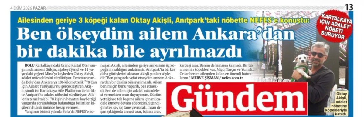 mrvesismn's tweet photo. Ve Oktay Akişli...

Kartalkaya faciasında ailesinden geriye yalnızca 3 köpeği kalan Oktay Akişli Anıtpark'ta NEFES’e konuştu.

Ailesinden geriye sadece 3 köpeği kaldı: Miço, Tarçın ve Yumak.

“Ben de ailem için adalet istiyorum” diyerek Kartalkaya davasında adalet çağrısı yaptı.

186 kilometrelik bir yol da yürümüştü.

Köpekleri için “Onlar benim ailemden kalan en önemli hatıralarım” diyor ve şunu ekliyor; "Ben ölseydim ailem Ankara'dan bir dakika bile ayrılmazdı"

👇👇👇