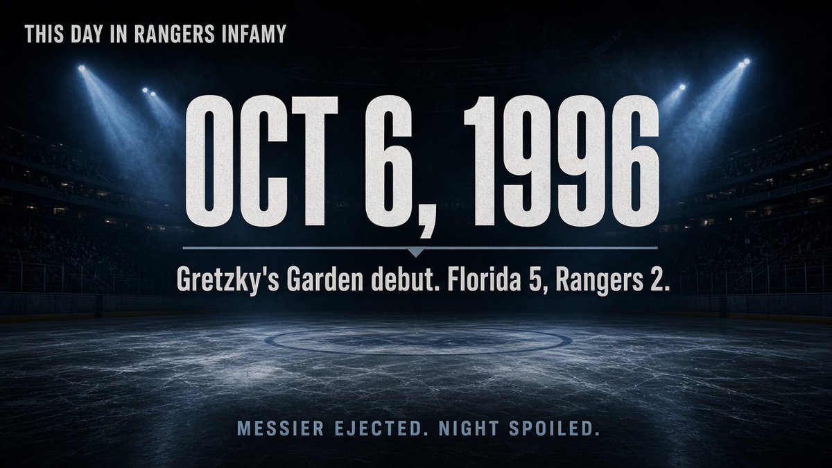 Madison_trublue's tweet photo. This day in Rangers infamy: Wayne Gretzky's first night at MSG. Home opener. Florida ruins it. Messier gets tossed for a check from behind and suspended. The Garden wanted a coronation. It got a 5-2 gut punch. https://t.co/VfR7AkYOFb