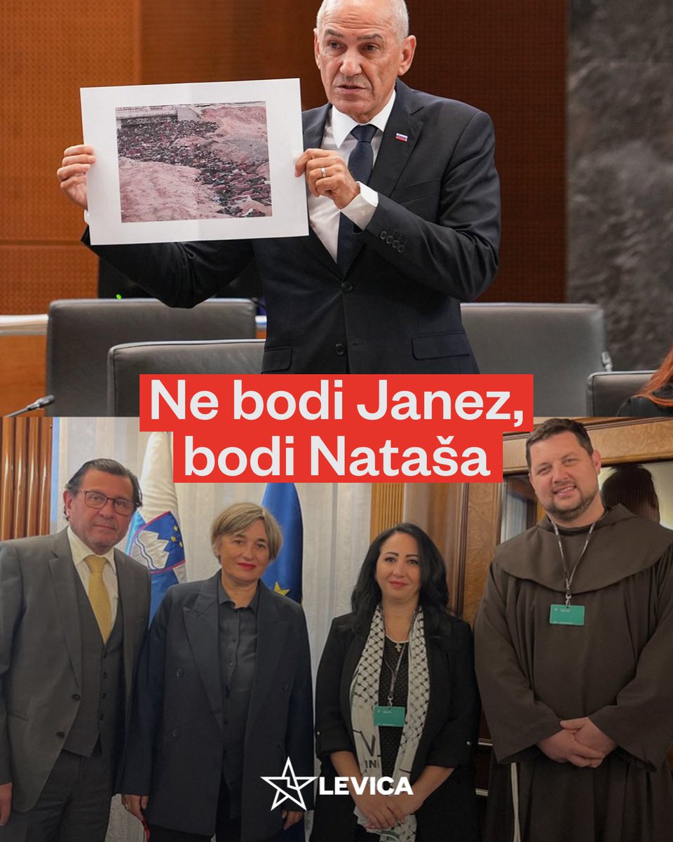 strankalevica's tweet photo. ZGORAJ: To je Janez. Janez dokazuje, da se svet preveč ukvarja s Gazo in premalo s preganjanjem kristijanov v Nigeriji in Sudanu ter kot dokaz pokaže fotografijo iz Gaze.

SPODAJ: To je Nataša. Nataša je pred leti sprejela delegacijo kristijanov iz Palestine in prisluhnila njihovim težavam.

Umirajo pod streli izraelske okupacije popolnoma enako kot muslimani. Na Zahodnem bregu so tudi oni obravnavani kot drugorazredni prebivalci. Izraelska vojska je v Gazi težko poškodovala četrto najstarejšo delujočo cerkev na svetu. Palestinski kristijan bo živel recimo nekaj kilometrov stran od Betlehema, ampak tja ne bo mogel romati za božič, zaradi zidov in okupacijskih režimov, ki ju gradi Izrael. Palestinski kristijani se počutijo izdane in pozabljene in kličejo na pomoč.

Janezu za to ni mar, ker to zanj ni politično koristno. Mi prisluhnemo.