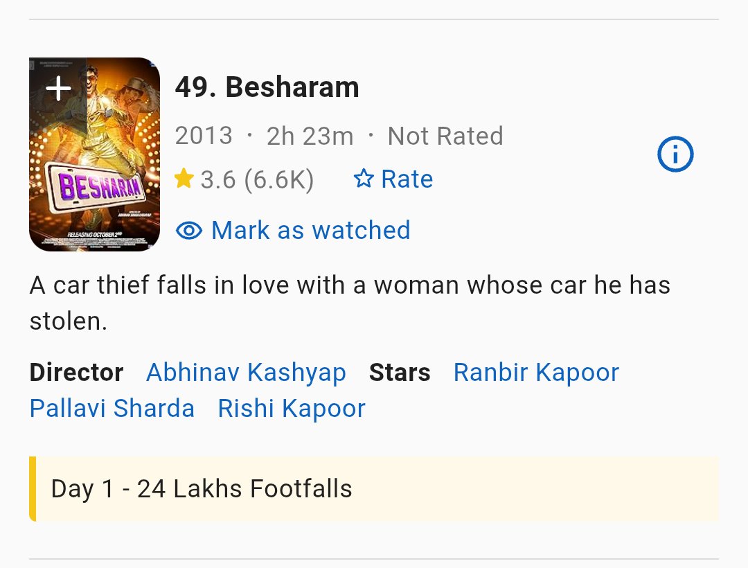 Era_of_Ranbir's tweet photo. @MONSTER_DOOM There are "5 Movies" of #RanbirKapoor with 20 Lakh+ Opening Day Footfalls, all on "Non-Holiday" except Besharam

1. #Animal - 39.7 Lakh ffs

2. #Sanju - 28.6 Lakh ffs

3. #Besharam - 24 Lakh ffs

4. #YJHD - 21.5 Lakh ffs

5. #Brahmastra - 20 Lakh ffs https://t.co/WwmENOfX8A