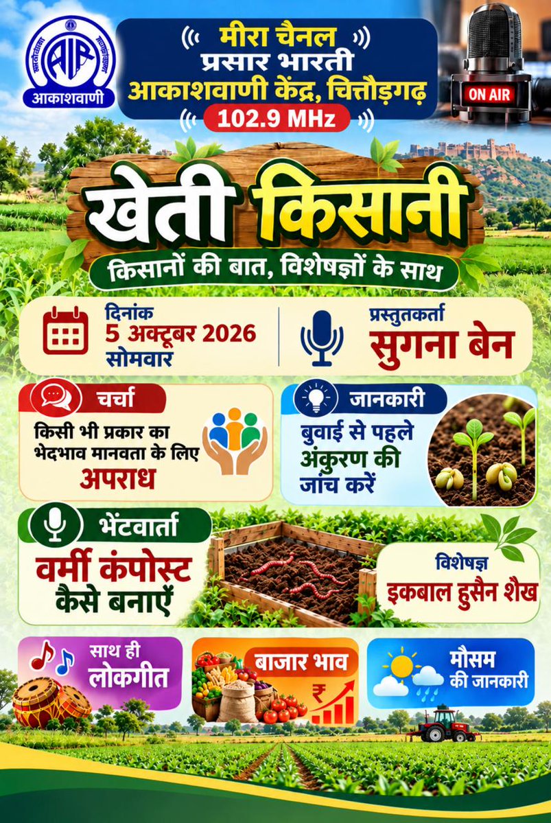 AIRchittorgarh's tweet photo. खेती  किसानी  कार्यक्रम : 05.10.2026 @ 07.00 PM

1.  चर्चा :- किसी भी प्रकार का भेदभाव मानवता के प्रति अपराध

2.  जानकारी :-   बुवाई से पहले अंकुरण की जांच करें

3. भेंटवार्ता :-   वर्मिकम्पोस्ट कैसे बनाए  -  इकबाल हुसैन शेख  

4. लोकगीत :-

5. मंडीभाव / मौसम :- https://t.co/qY26nQSGZE