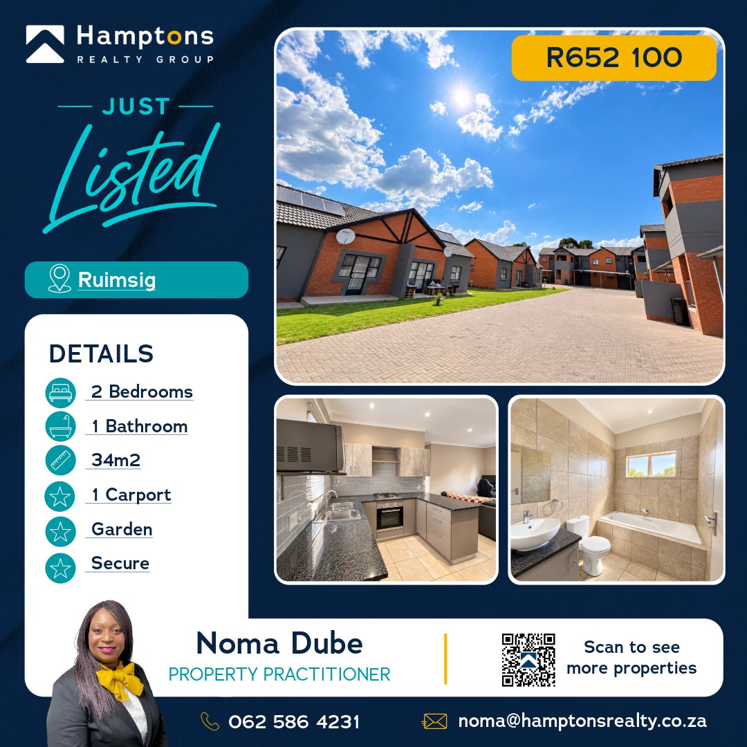 RealtyHamptons's tweet photo. Your dream home awaits!

Just listed in Ruimsig! 🏡 Modern 2-bedroom home with 1 bathroom, a cozy garden, and secure living—all for R652 100. Don’t miss this gem! Contact Noma today to schedule a viewing.

#RuimsigHomes #JustListed #DreamHome https://t.co/jVc02QA2rM