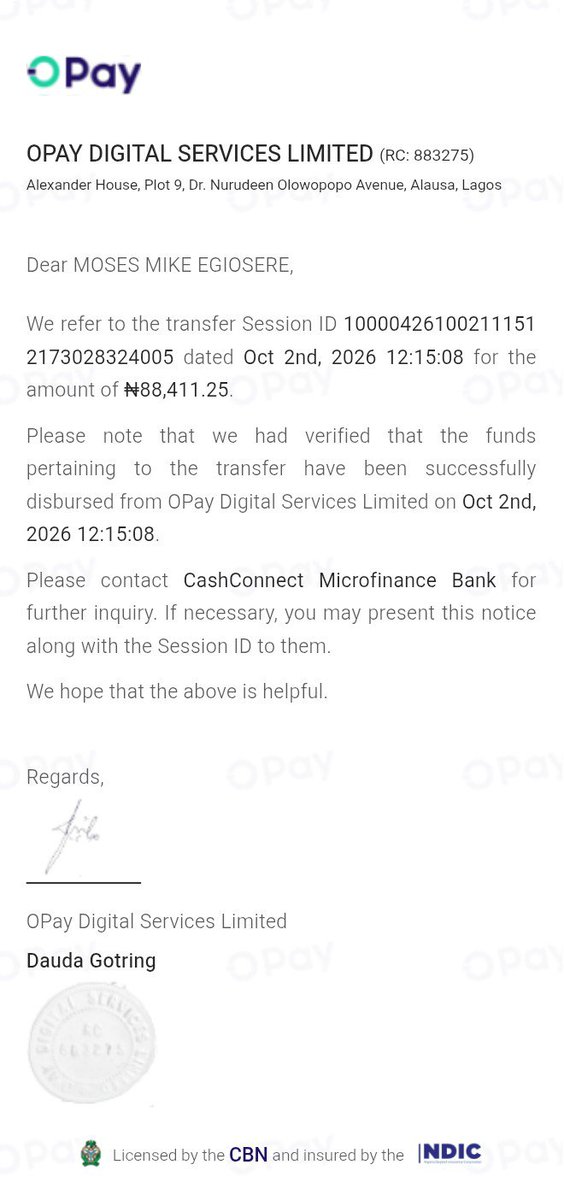 holyfadar's tweet photo. @CashConnect_MFB Good day. I made a payment transfer to remita on Friday for school fees from my Opay. I was debited and remita is saying they didn't receive the payment.
Below is the transaction receipt from Opay confirming your bank has received the money https://t.co/ieAdozhIXd