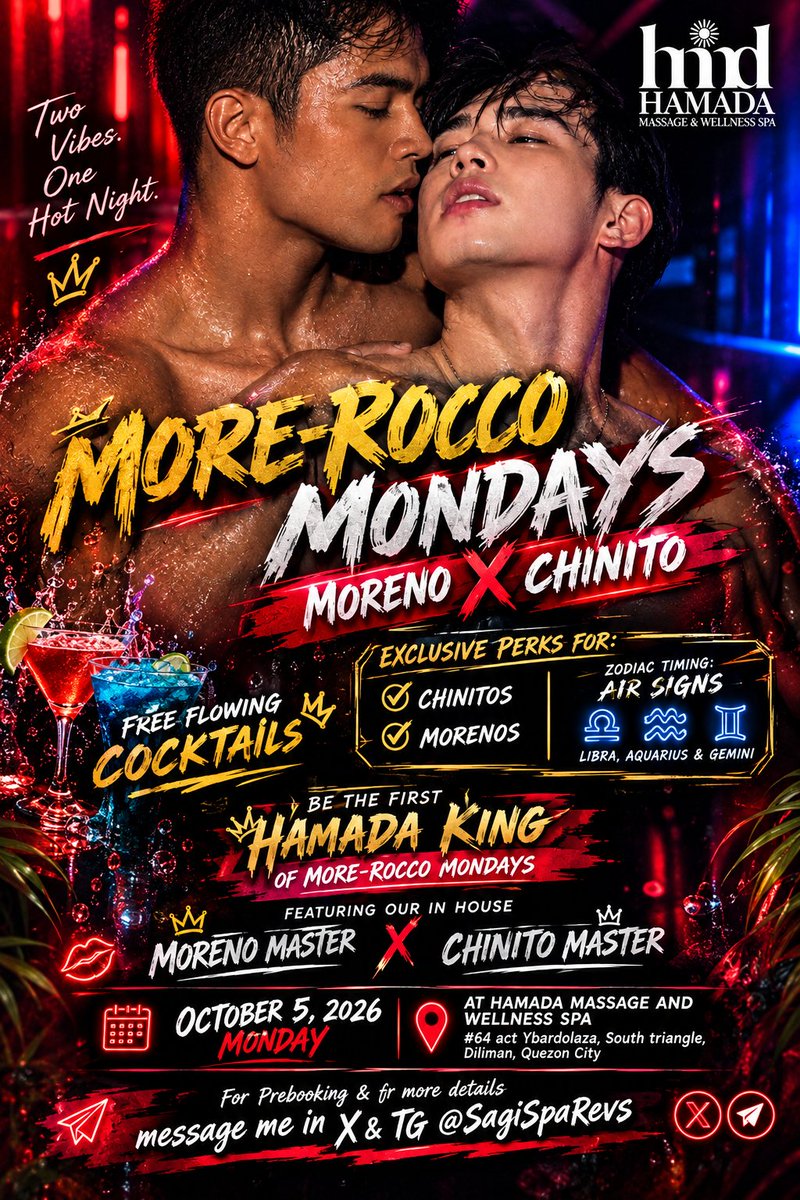 ArcherUnwound's tweet photo. See you guys @Hamadasspa for an intense Monday ganap... Low-key people.. two vibes in one hot, night... See you guys 

Event start 9pm
Prebook now !! DM me for more info https://t.co/CrWicdm5yU