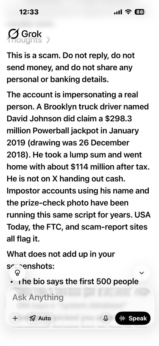 Wizer67's tweet photo. Please report and block ..
Always copy paste in to Groc 
This shite if your unsure, this is what Groc will do ..you can copy paste 10 accounts at a time it will help you not get shafted by these idiots or your account taken  @DaveJohnson7312
Tells you all you need to know 
Your choice now 🙏🔵🔵💜