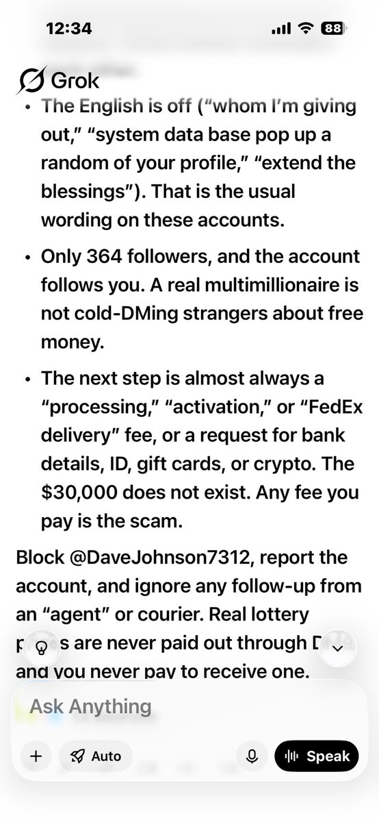 Wizer67's tweet photo. Please report and block ..
Always copy paste in to Groc 
This shite if your unsure, this is what Groc will do ..you can copy paste 10 accounts at a time it will help you not get shafted by these idiots or your account taken  @DaveJohnson7312
Tells you all you need to know 
Your choice now 🙏🔵🔵💜