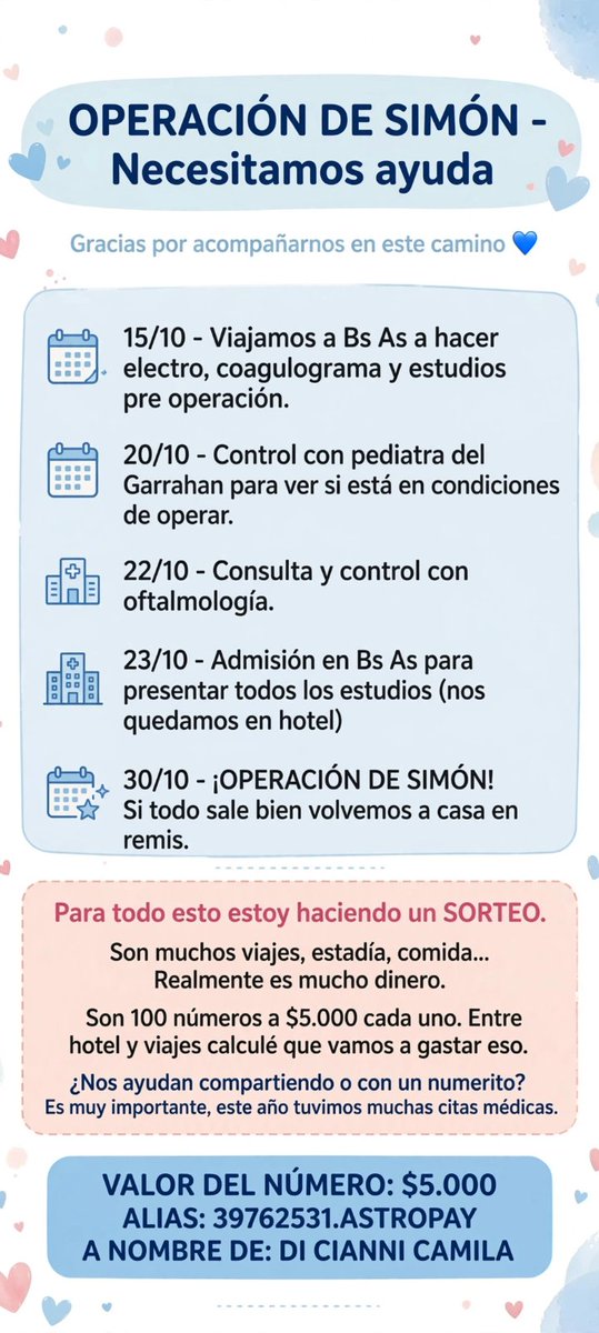 SimnRusso12's tweet photo. Nos quedan pocos días para iniciar los controles pre operación. Llevamos juntados $79.000 de $500.000 que tenemos q juntar, (importe estimado) estoy sorteando dos premios que dejó en comentarios. Pero podés ayudarnos con lo q puedas al alias 39762531.ASTROPAY
RT🙏🙌💪 https://t.co/QgxuGgKd9S